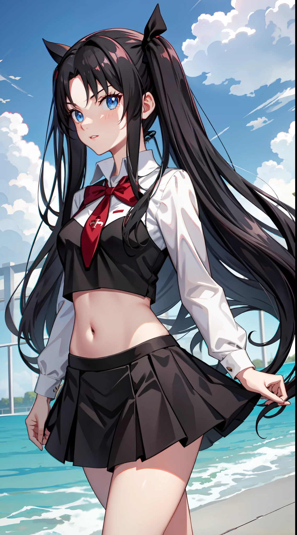 long hair, black hair, medium breast, slim legs, happy, cleavage, skirt, rin tohsaka, twin tail, navel, blue eyes, sunlight, pool, school uniform