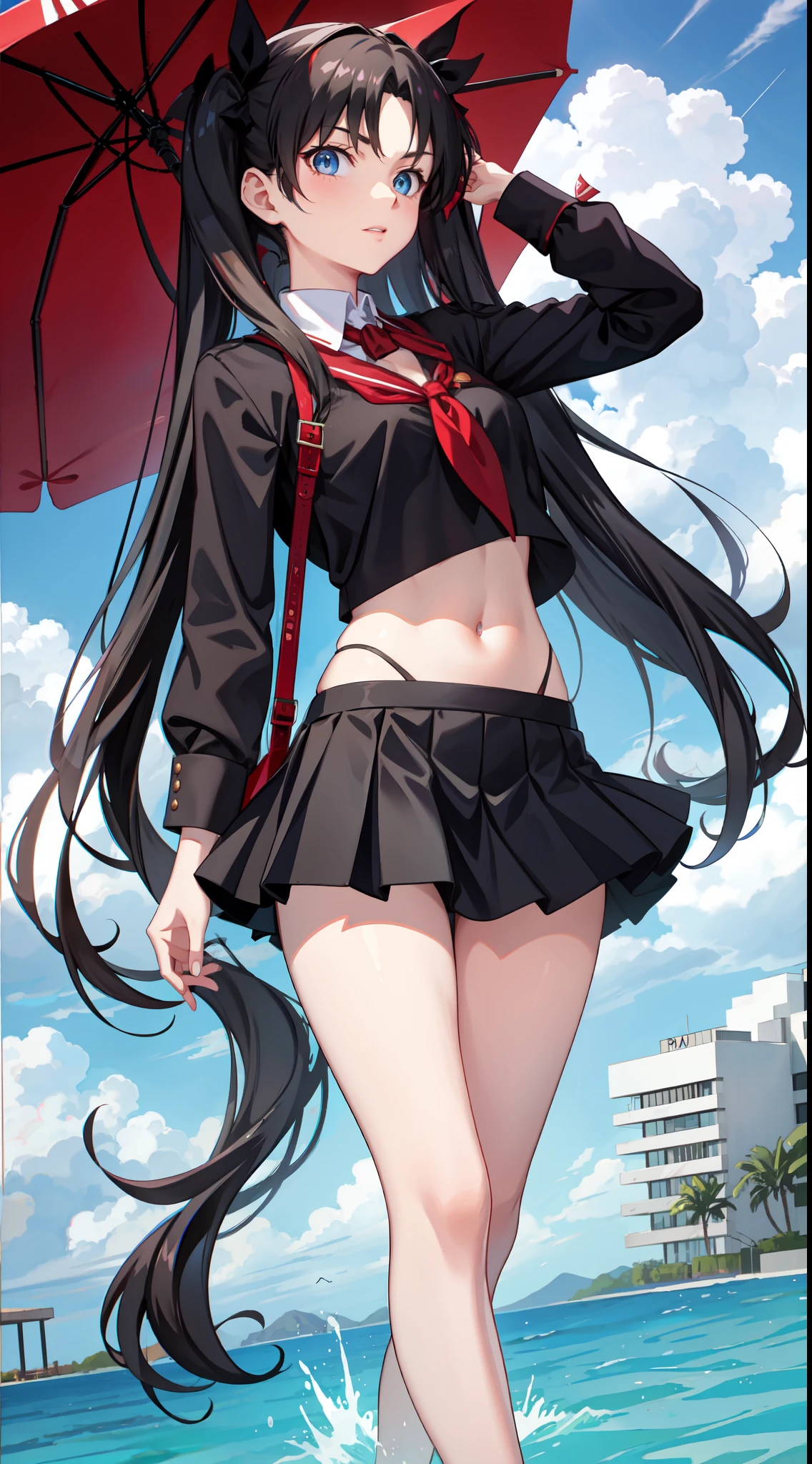 long hair, black hair, medium breast, slim legs, happy, cleavage, skirt, rin tohsaka, twin tail, navel, blue eyes, sunlight, pool, school uniform