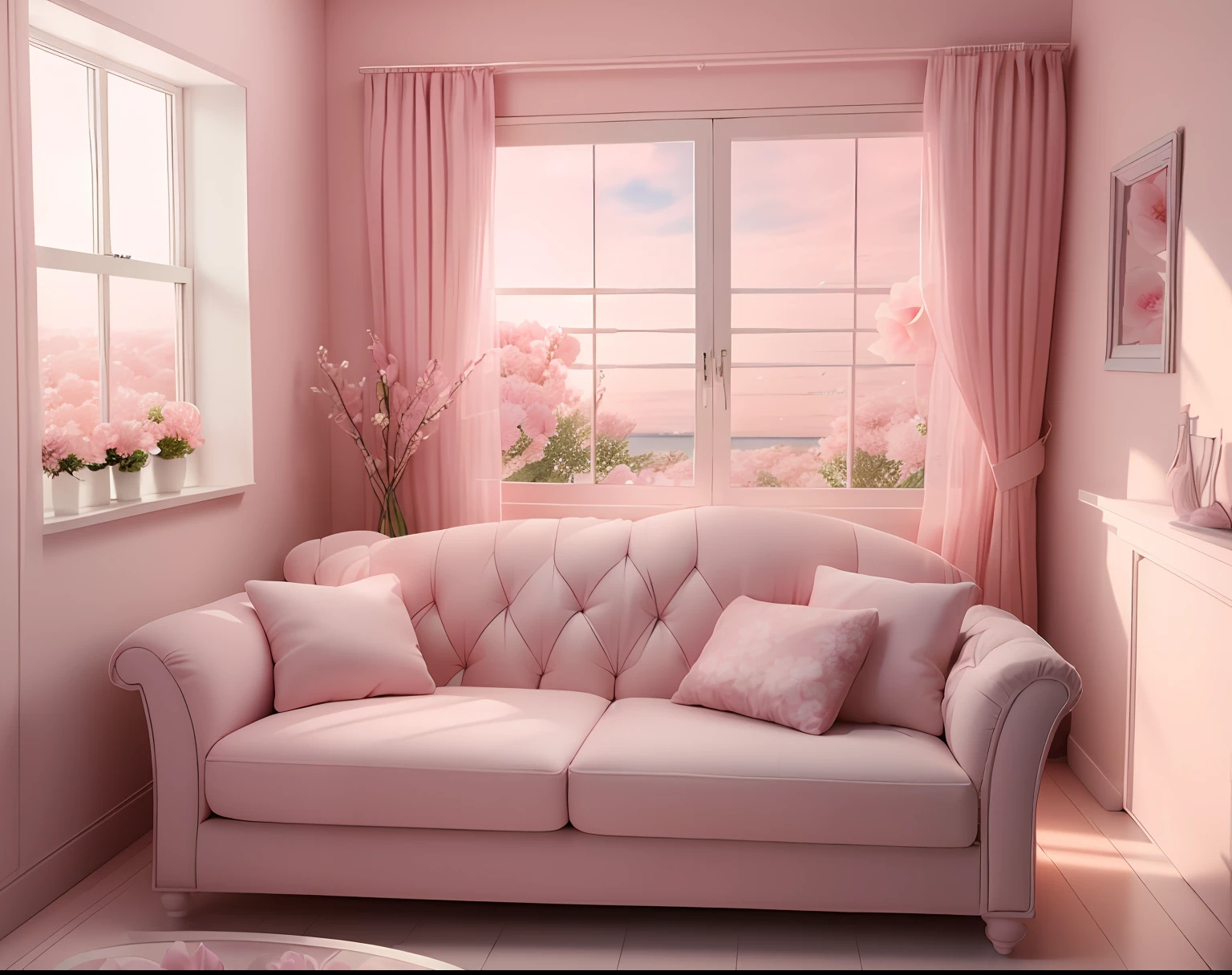 there is a couch with pink flowers in front of a window, brightly lit pink room, with soft pink colors, warm pink living room, looking out at a pink ocean, pink landscape, heaven pink, dreamy atmosphere and drama, the walls are pink, soft light 4 k in pink, in pastel colors, in style of 3d render, romantic ambiente