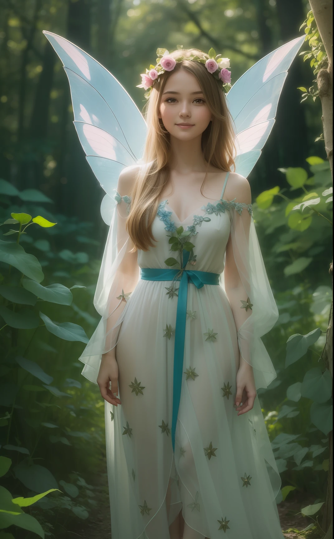 Photo of a gorgeous 20-year-old Finnish fairy wearing (Morning glory decoration dress:1.2) And (Delicate fairy wings:1.2), Grinning, (looking in camera:1.1), (Sateen:1.1), on forest path:, Proudly standing next to his portate, by Studio Ghibli, masutepiece, Barefoot, (Natural lighting:0.8), 8K, ((Realistic)), F/1.1, , the woods、covering the navel、hiding breast、(Curvaceous)femele(flawless skin:1.11)And(teats:1.1)、A smile、full body Esbian、Beautiful standing figure、