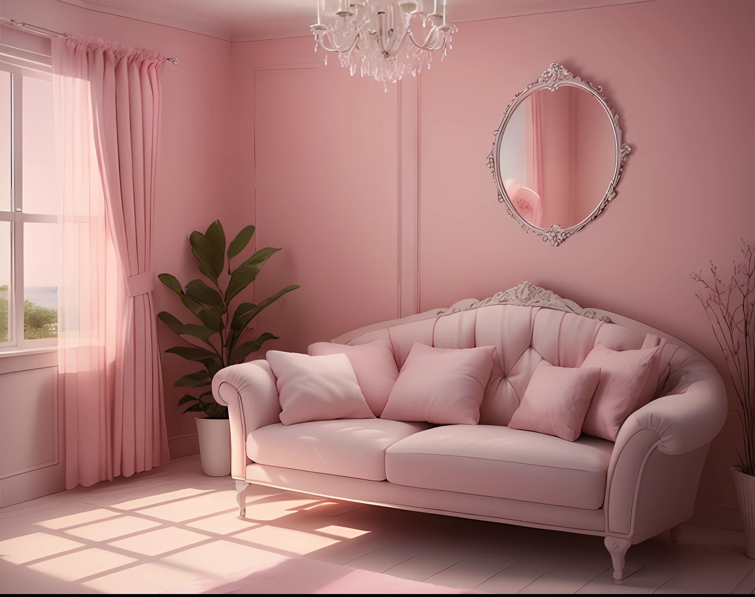 there is a couch with pink flowers in front of a window, brightly lit pink room, with soft pink colors, warm pink living room, looking out at a pink ocean, pink landscape, heaven pink, dreamy atmosphere and drama, the walls are pink, soft light 4 k in pink, in pastel colors, in style of 3d render, romantic ambiente