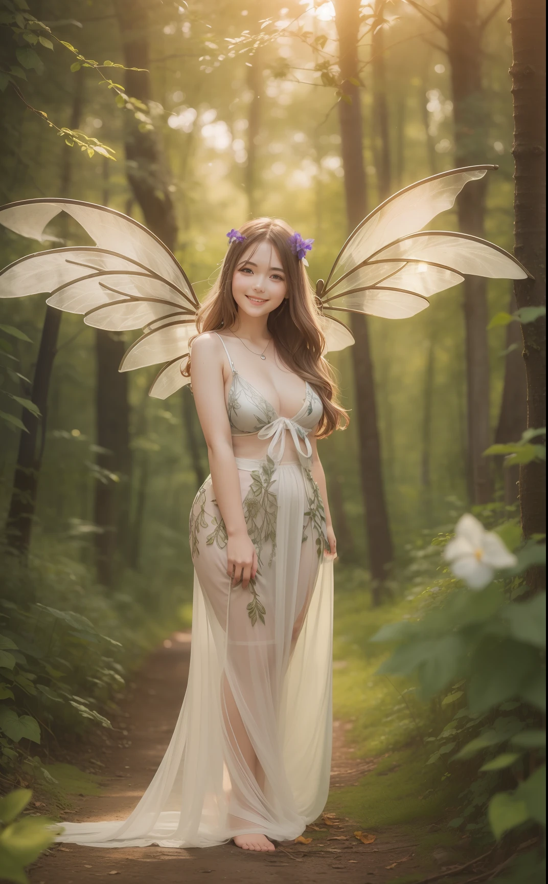 Photo of a gorgeous 20-year-old Finnish fairy wearing (Morning glory decoration dress:1.2) And (Delicate fairy wings:1.2), Grinning, (looking in camera:1.1), (Sateen:1.1), on forest path:, Proudly standing next to his portate, by Studio Ghibli, masutepiece, Barefoot, (Natural lighting:0.8), 8K, ((Realistic)), F/1.1, , the woods、covering the navel、hiding breast、(Curvaceous)femele(flawless skin:1.11)And(teats:1.1)、A smile、full body Esbian、Beautiful standing figure、