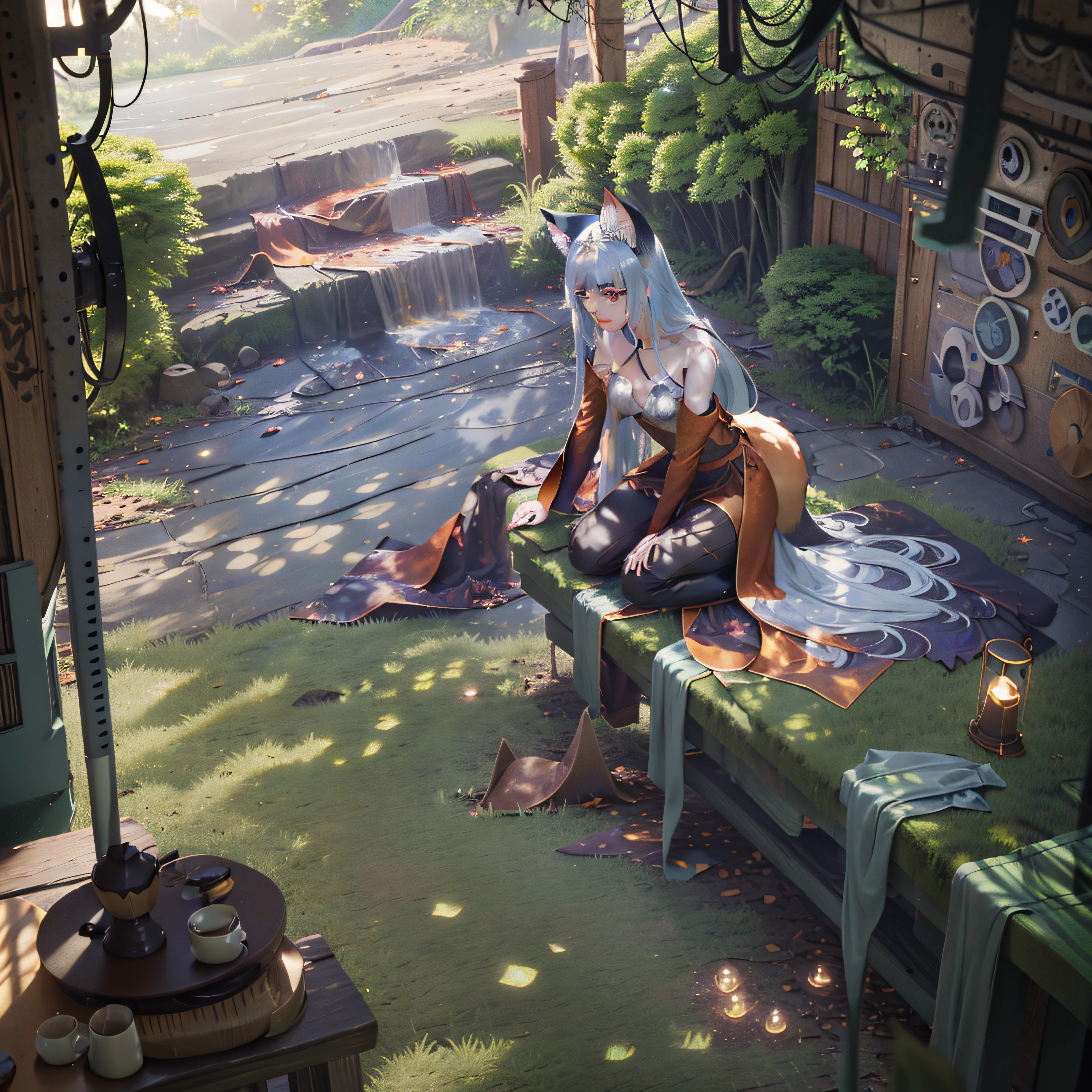In the depths of a mystical forest, bathed in the soft glow of twilight, A fox spirit emerges from the shadows. Its vibrant orange fur sparkles with an otherworldly brilliance, as if touched by moonlight. The eyes of the mind, A haunting shade of amber, Brilliance with ancient wisdom and playfulness. Surrounded by towering trees with gnarled branches, The atmosphere is mystical and enchanting. Captured in Studio Ghibli style, Using a rendering engine that emphasizes the play of light and shadow, This scene is filled with a sense of magic and wonder, drop shadow, Tachi-E, POV, atmospheric perspective, hyperrealism, En plein air, scintiller, glowing light, Rayons divins, panorama, Lens Flare, 35 mm, chanoine, super detail, ccurate, Best quality, 16k, award winning, Masterpiece