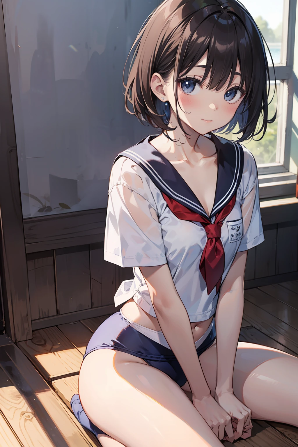 high-level image quality、top-quality、Detailed drawing、Does not blush cheeks、Slender adult beauty、Sailor School Swimsuit、Small eyes、Smaller chest、Inner thigh-sitting、Petanko sitting、Bery short hair