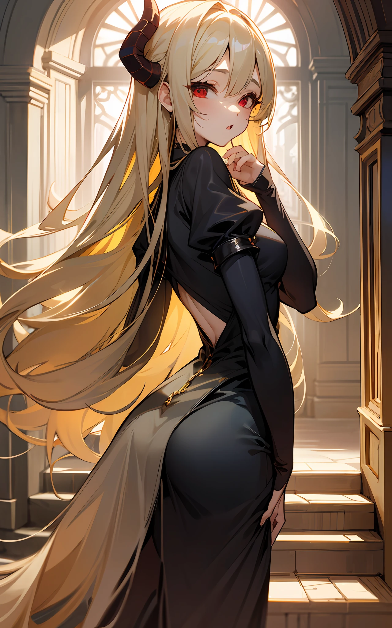 top-quality、hight resolution、detaileds、Beautiful Girl of the Demon Tribe、Long Blonde Hair、Sexy black dress、Stroll through the majestic castle gardens、red eyes、