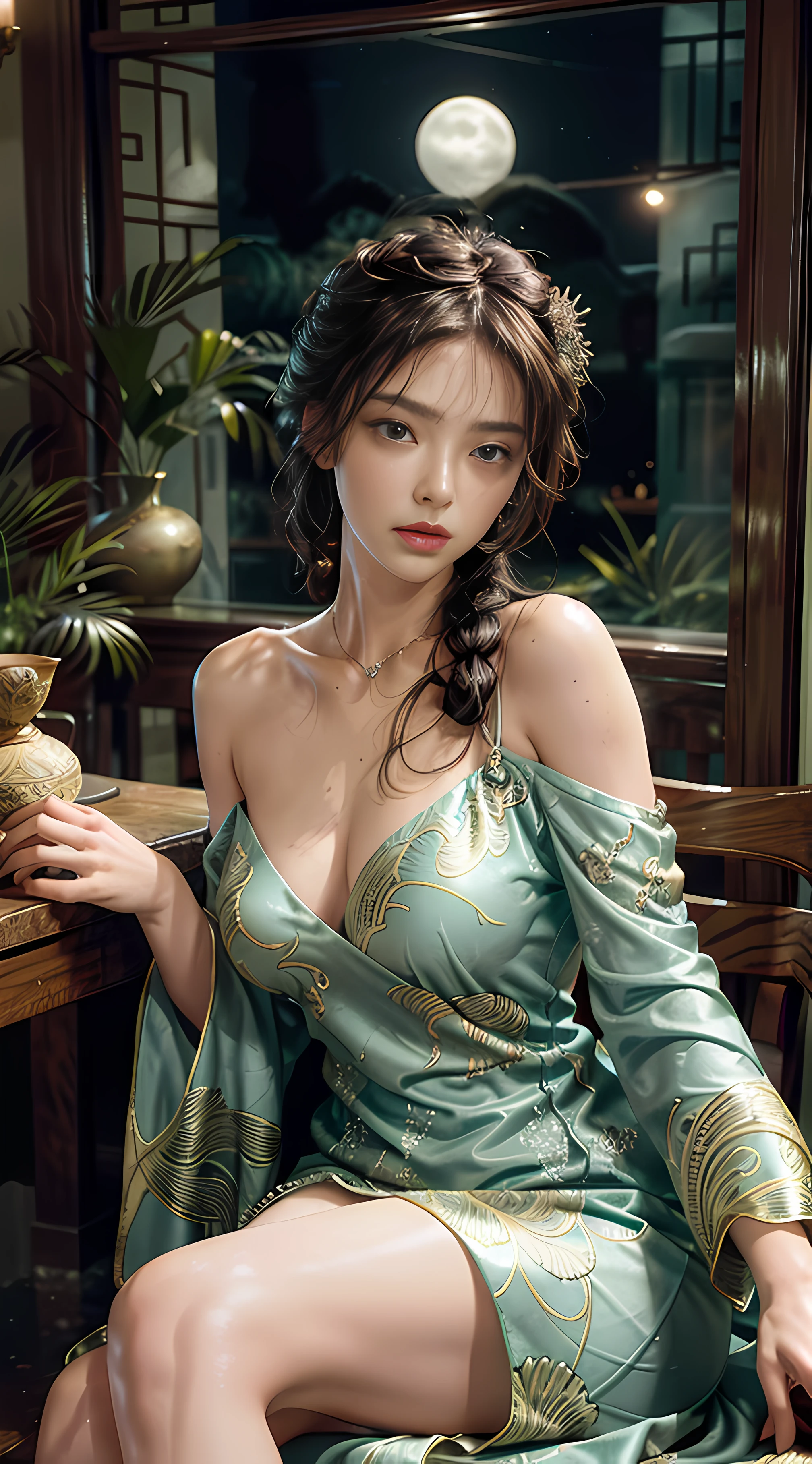 The art depicts a charming woman dressed in a flowing, silky traditional oriental dress, emeralds, decorated with intricate patterns and bright colors. Her dress drapes elegantly over her curvy figure, accentuating her seductive silhouette. She sits gracefully under the quiet moon, bathed in the soft glow of the moonlight. The scene exudes an ethereal and dreamy atmosphere, with a touch of mystery and sexiness. The graphic style blends watercolor and digital illustration techniques to evoke a refined beauty and charm. The lights are filled with soft moonlight, casting soft highlights and shadows on her charming features. Bare legs, big breasts, three-dimensional facial features, sitting in a chair against the wall, 2 hands, 2 legs, side braids
