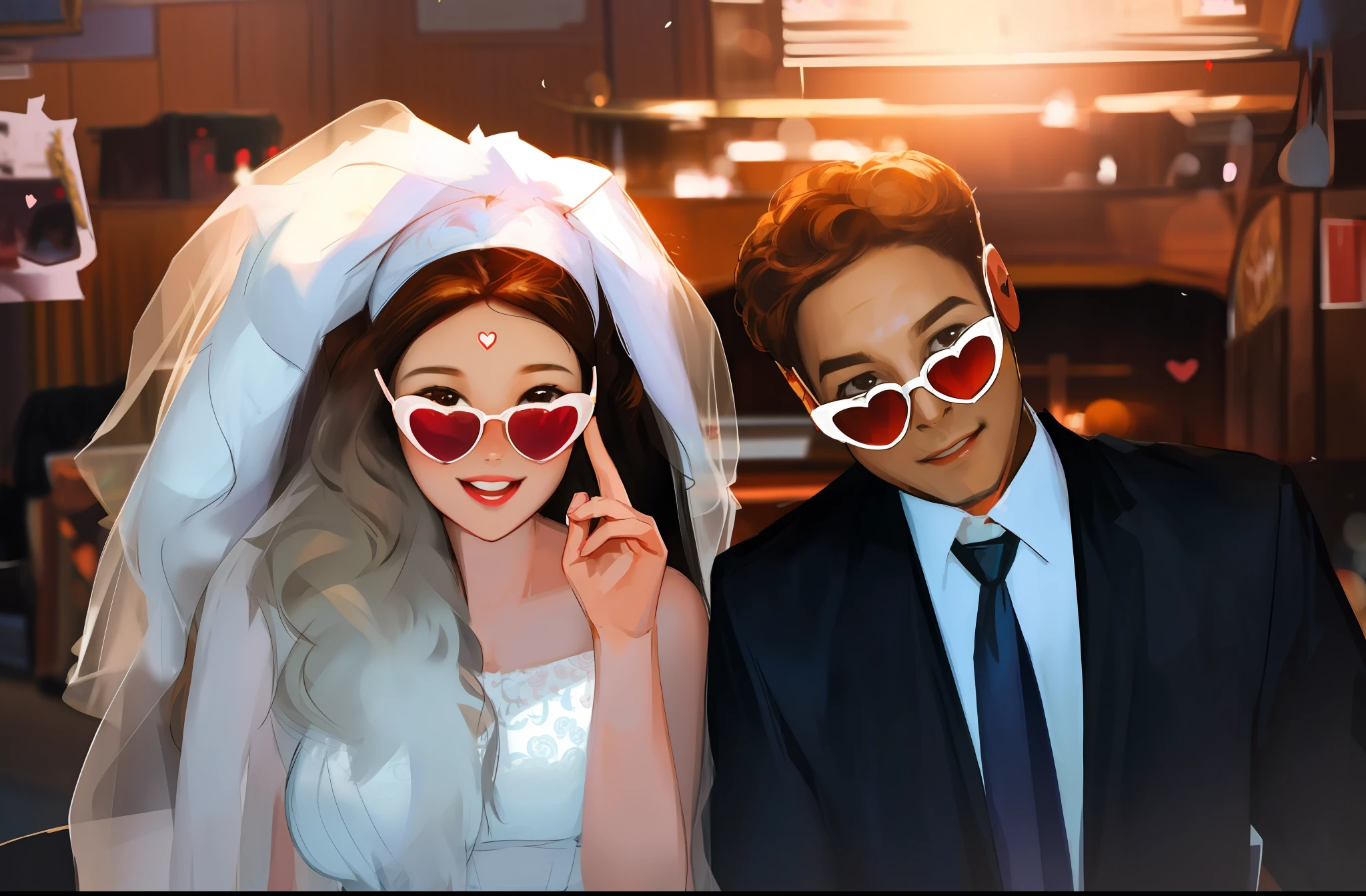 Wedding attire, Heart-shaped sunglasses, wedding photo, Curly hair,The upper part of the body_Body, Anime-style, Highly detailed, High quality, HD