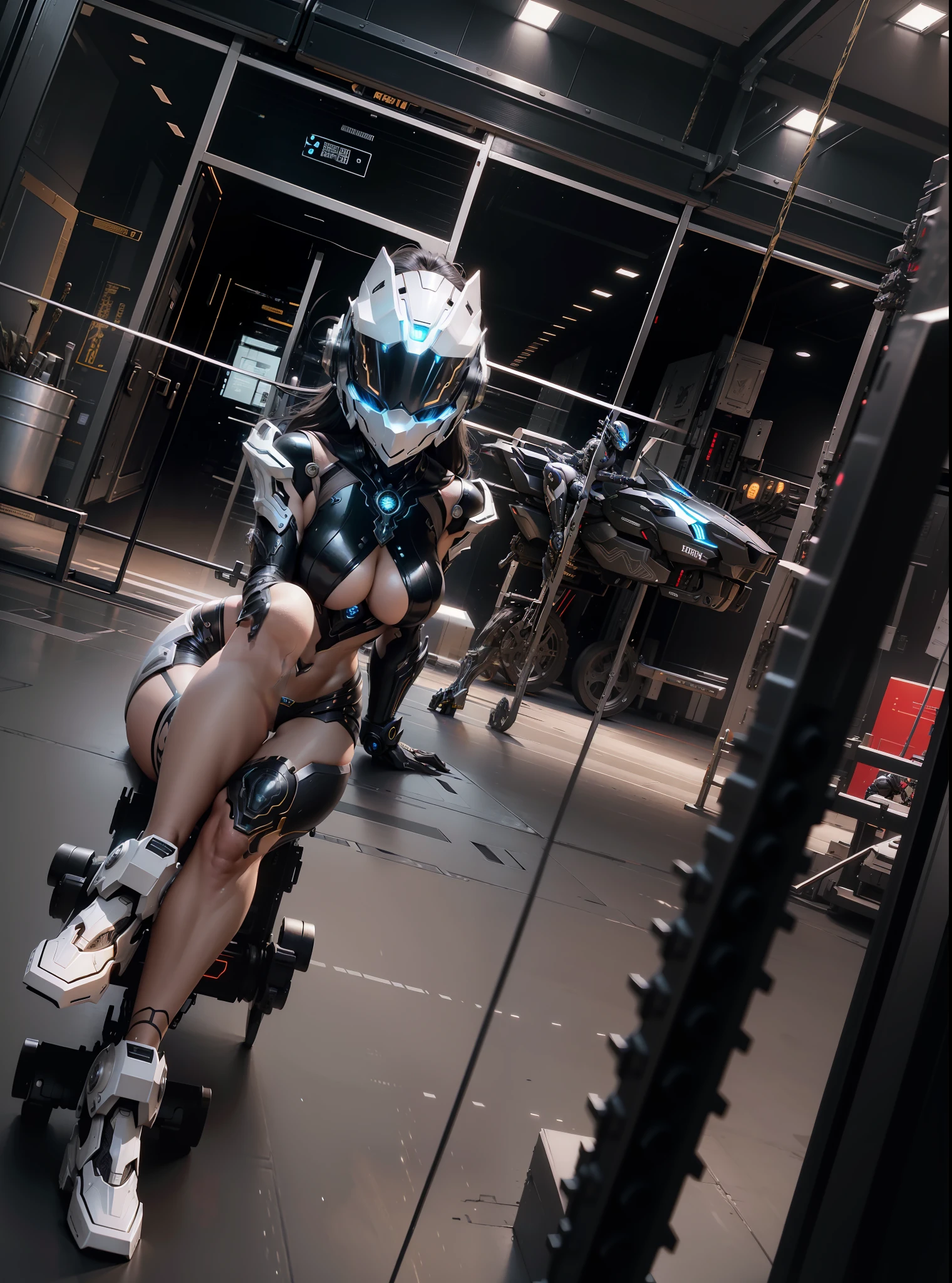 Sexy Cyber Female Warrior and Cyber Mechanical Motorcycle, Full Body Exquisite High-Tech Armor, Exquisite Black Tech Helmet, Nousr, Biomechanics, MSHN Robot Man, High-Tech Helmet, Surreal, Steel, Intricate Design, Crazy Details, Fine Details, Extremely Clear Lines, Cinematic Lighting, Photo Realistic, Detailed Masterpiece