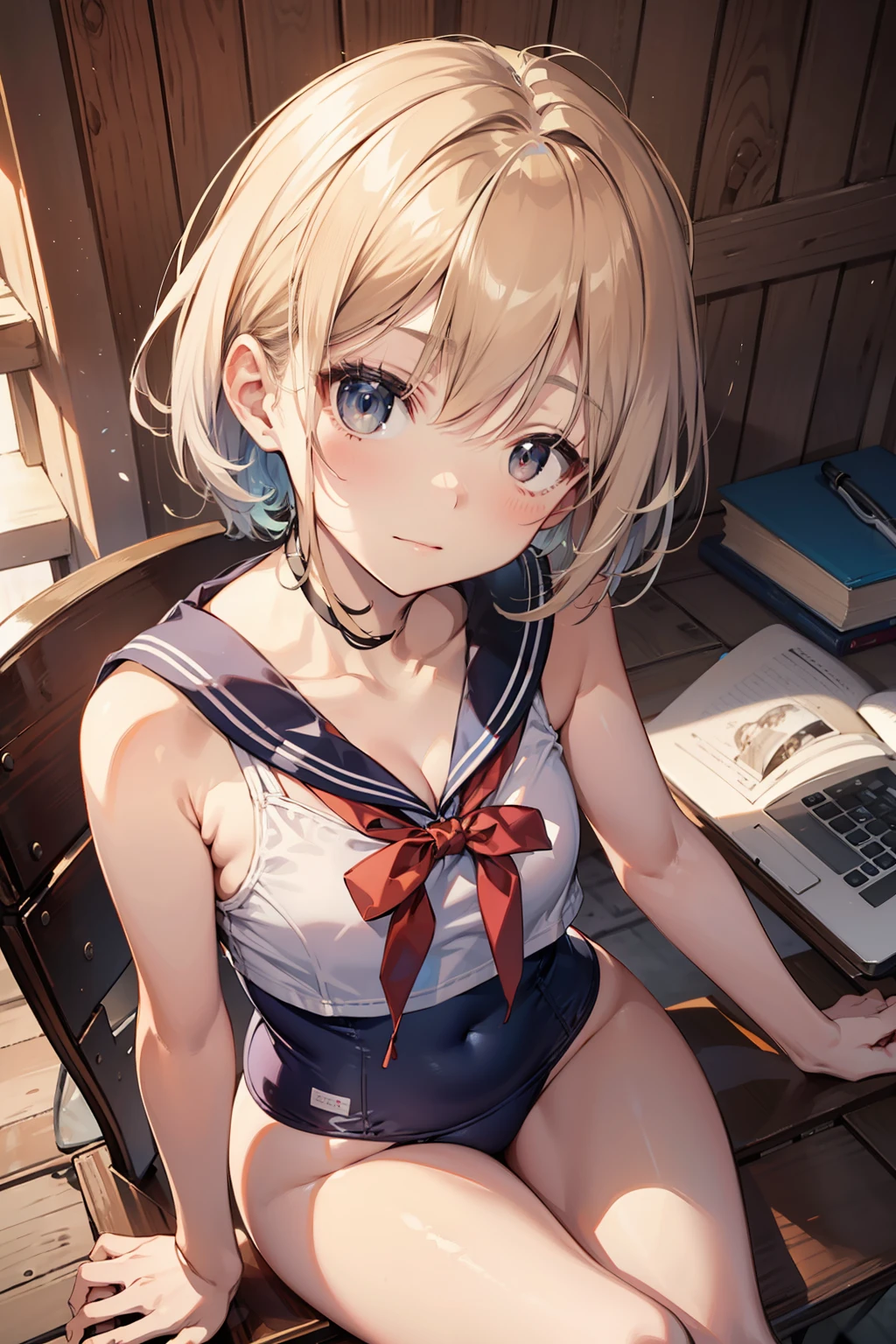 high-level image quality、top-quality、Detailed drawing、Does not blush cheeks、Slender adult beauty、Sailor School Swimsuit、Small eyes、Inner thigh-sitting、Petanko sitting、Bery short hair