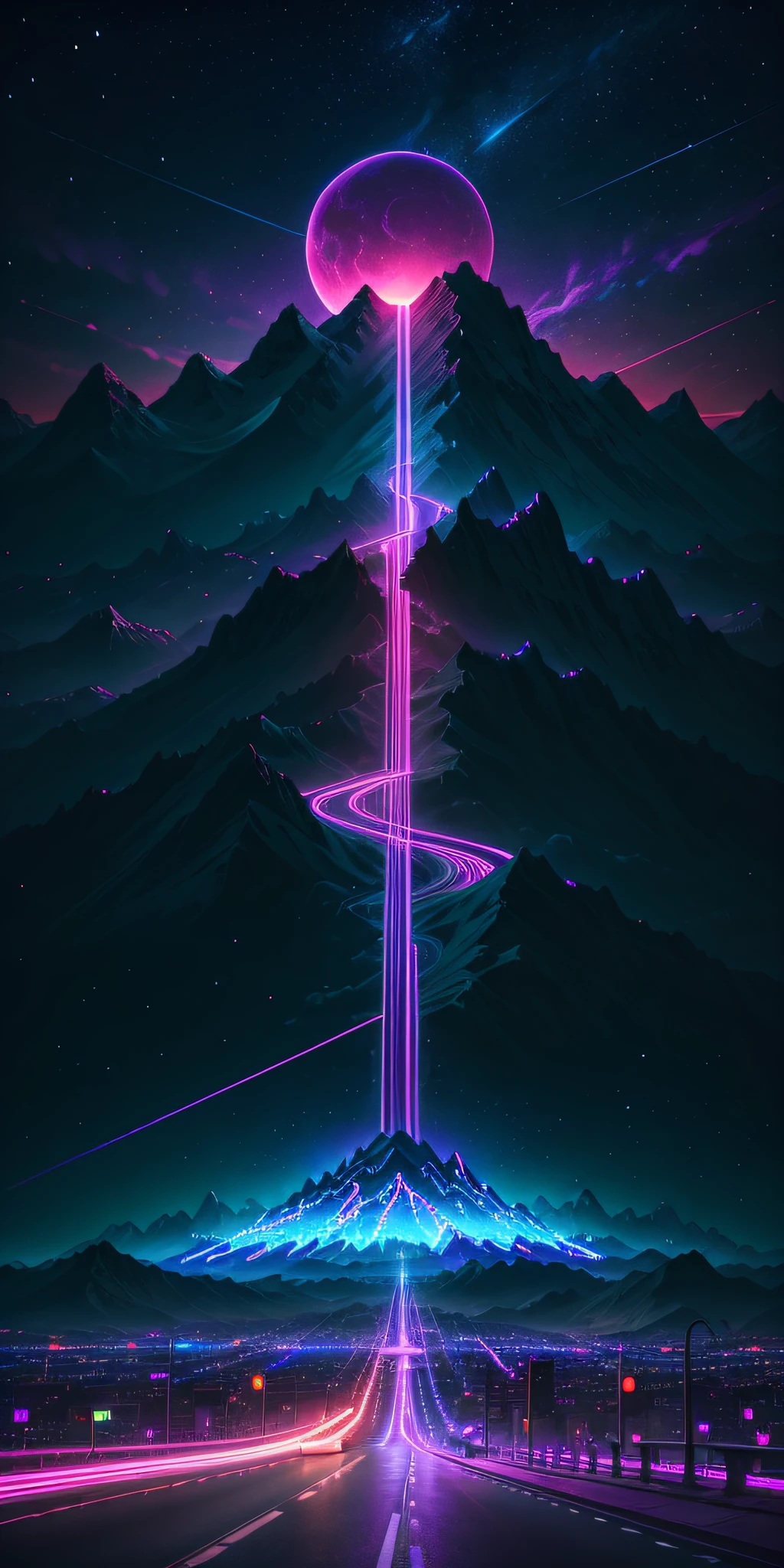 retro wave, road, city, purple and blue neon lights, sun, mountain, night sky, 
(masterpiece, ultra detailed, high resolution)