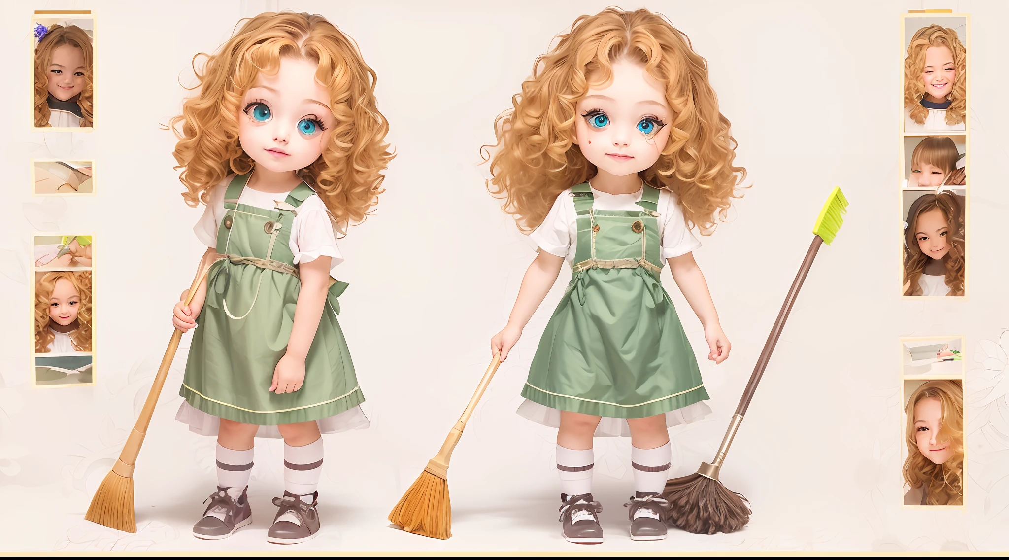 photorealisim、full body Esbian、12Year old girl、Cute with green eyes12Year old girl、Severe curly hair、Naturally curly hair、Golden hair、hitornfreckles、Housemaid style、ssmile、Cleaning cheerfully with a broom