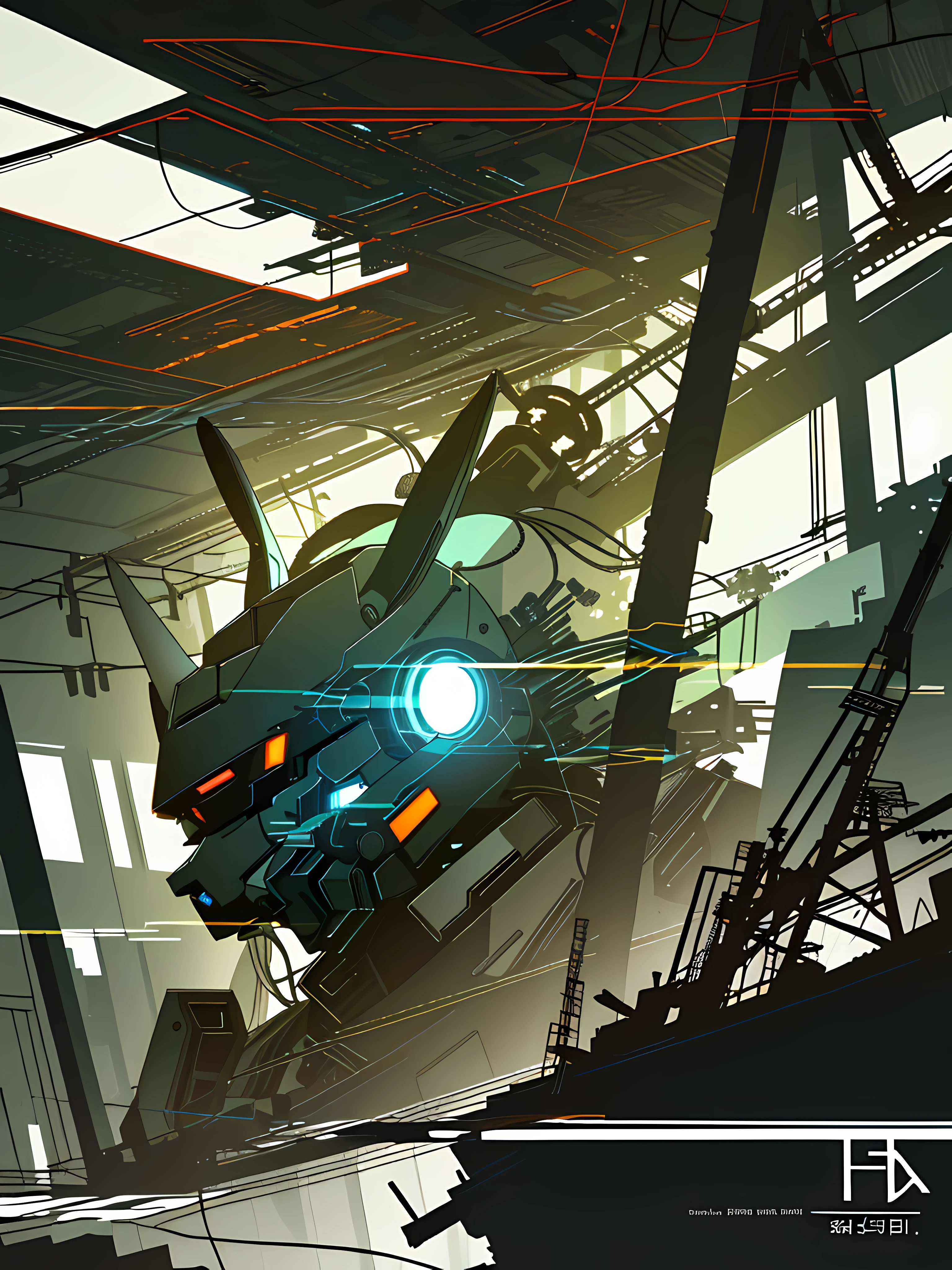 (blame! style abandoned tech landscape), (Zen, Amy Sol style), (underground, dark, foggy, perilous, abandoned dystopian apartment bedroom, deep windows), (anthro rabbit figure in heavy wired mecha armor, wearing bunny ears), cover art with light abstraction, abstract, simple vector art, contemporary Cybernetic art, color gradients, soft color palettes, layered forms, whimsical animation, style Ethereal abstract, 4K, --v6