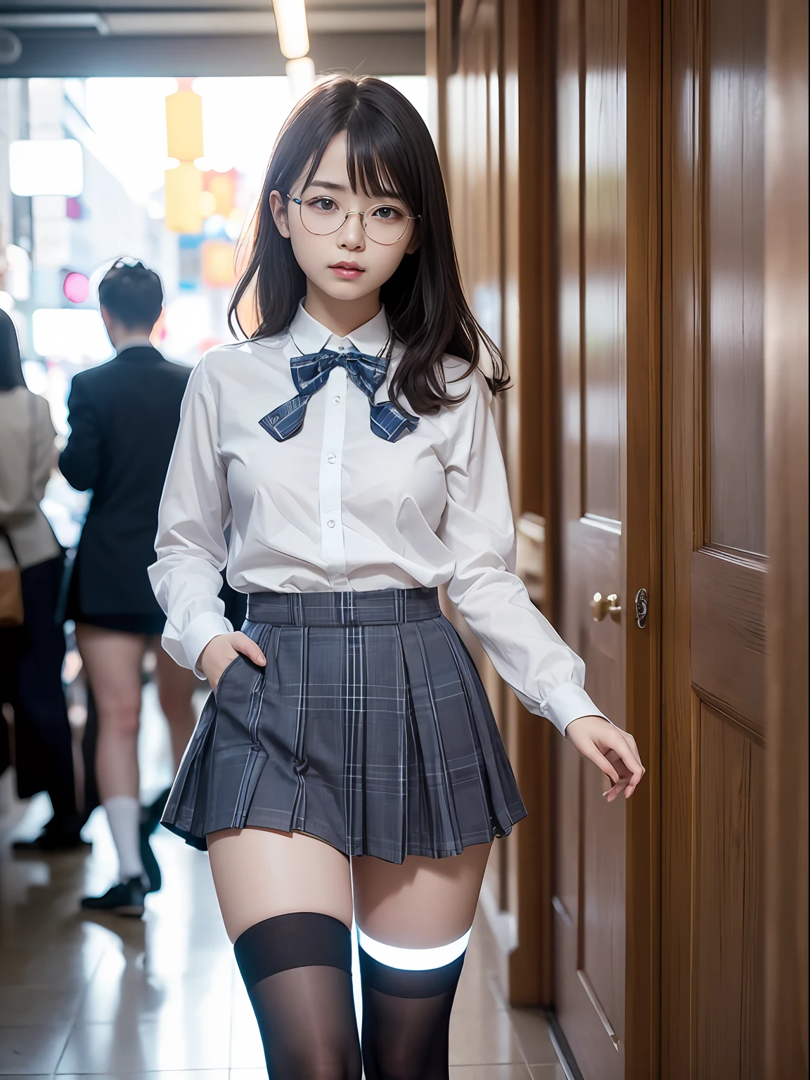 (8K、Raw photography、top-quality、masterpiece:1.2),absurderes,a small face,small tits,flat breast,Parting the bangs from the middle、Forehead visible,(Tight eyes,Bullish,skinny,Rasping,irate)、masterpiece,top-quality、超A high resolution,Raw photo,ren,Beautiful fece,One Person, 独奏,eye glass,,Dark look,Small breasts,fullllbody,Round glasses、cute little、A Japanese Lady,is standing,(Tight eyes,Bullish,skinny,Rasping,irate,small tits,flat breast)、(Photorealsitic:1.37)、Photon mapping,Light blue ribbon,Realistic、Cute little face,Brown-eyed、Black socks、(Red bow tie)、Radio City、Physically Based Rendering、Foreground、depth of fields、Blurry background、a picture,The girls、Body, Long legs, Thin leg,Semi-long,(Bangs are visible), hair, s lips, Blue_The eye, nosesoft,White shirt, Navy blue and white plaid pleated skirt, Knees are visible,Sheer clothing,, Thigh, Black cotton socks,Nogizaka Idol, 女優, Japanese ido