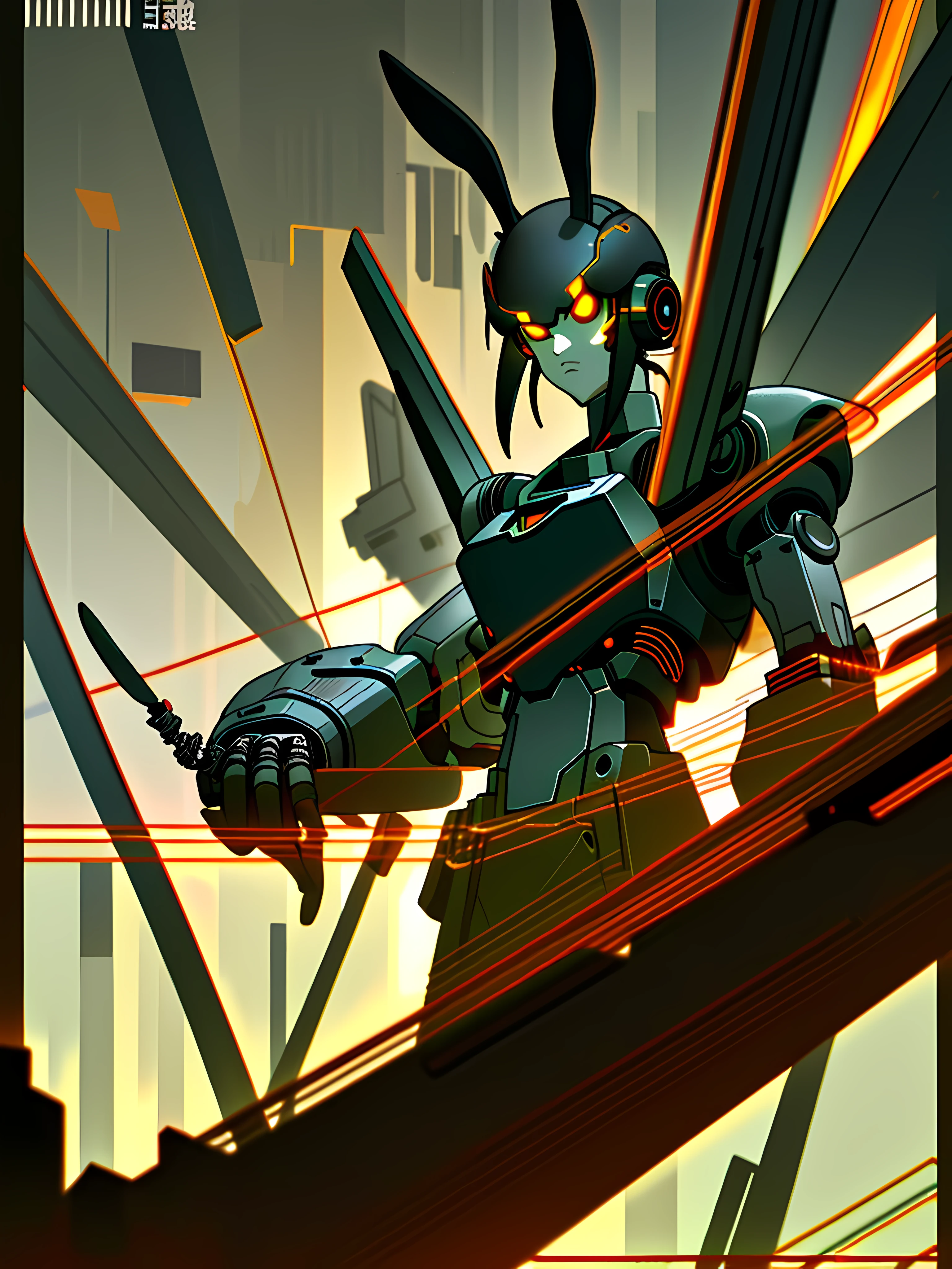 (blame! style abandoned tech landscape), (Zen, Amy Sol style), (underground, dark, foggy, perilous, abandoned dystopian apartment bedroom, deep windows), (anthro rabbit figure in heavy wired mecha armor, wearing bunny ears), cover art with light abstraction, abstract, simple vector art, contemporary Cybernetic art, color gradients, soft color palettes, layered forms, whimsical animation, style Ethereal abstract, 4K, --v6