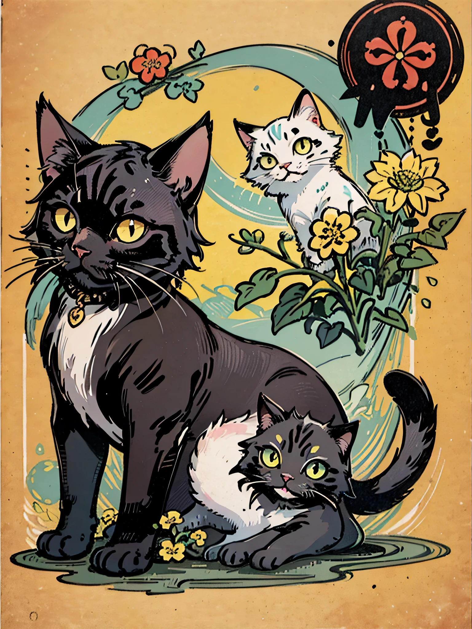 Propose a very attractive design、1 person and 1 cat、masutepiece、Katsushika Hokusai-kaze、Natural color design、Morning glory flowers、Bold and beautiful floral design、Summer image、japanic style、Detailed diagram of the pattern、With the highest quality、Masterpiece High Resolution、ukiyoe style、Artistic style、Postcard Design、Balanced design、Composition that fits well、Emo art、Ukiyo-e style、japanese aesthetic、4K resolution、Gorgeous background art、Attributes of a person（Elegant smile、top grade、neuter、Honor Students、A dark-haired、Lustrous hair、Unclear、Poor、slender、virtuous、well-behaved、Good impression）、Cat attributes（Black cat、Pitch black cat、cute little、Super cute、Yellow eyes、lithe）