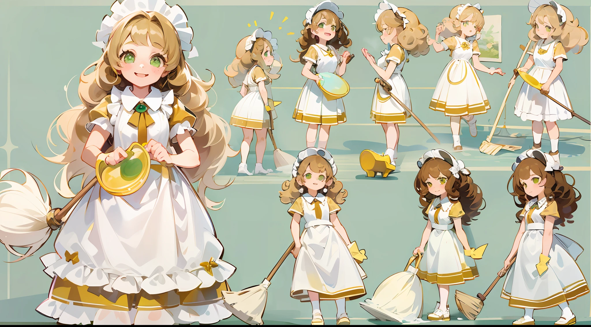 photorealisim、full body Esbian、12Year old girl、Cute with green eyes12Year old girl、Severe curly hair、Naturally curly hair、Golden hair、hitornfreckles、Housemaid style、ssmile、Cleaning cheerfully with a broom