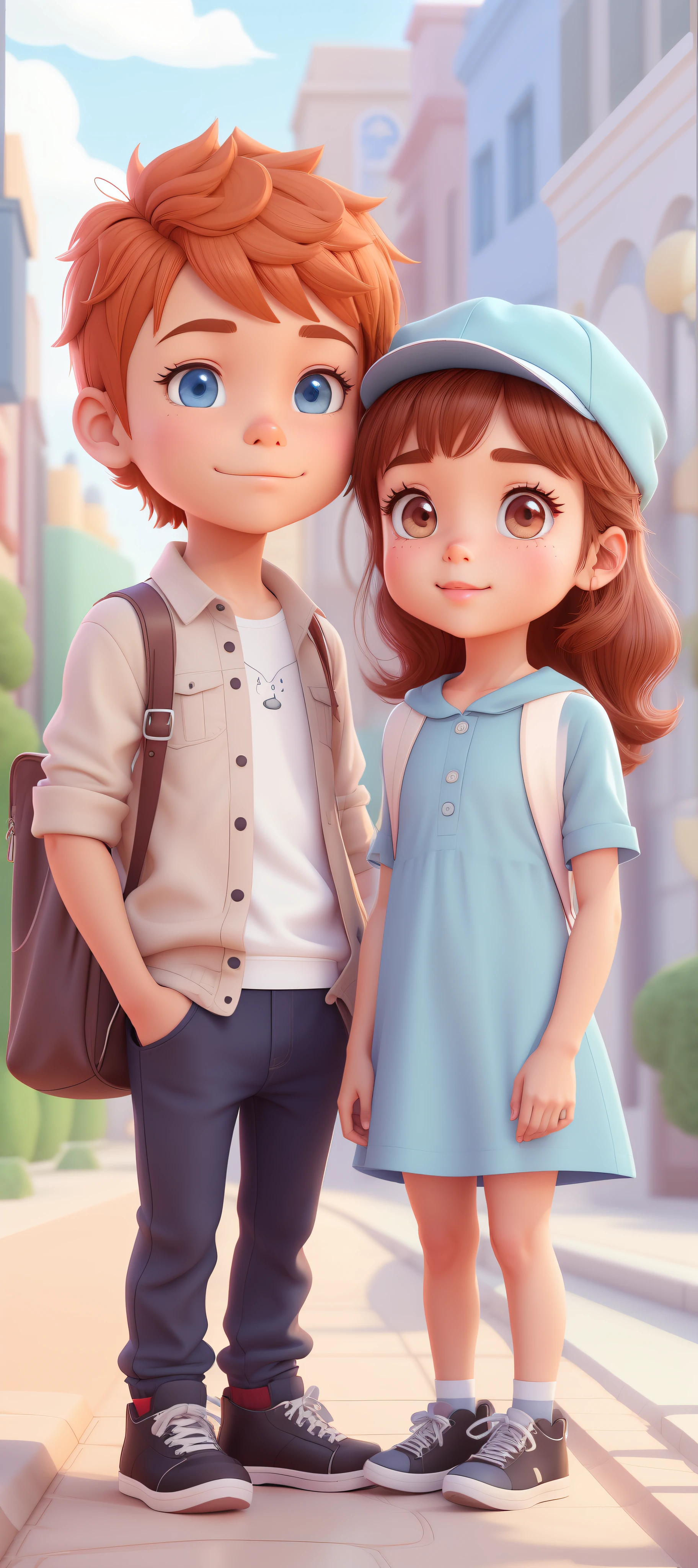 A couple of cartoon characters standing next to each other in the street, Cute cartoon style, لطيف 3D التقديم, أحرف 3D, cute cartoon character, 3D كرتون, adorable digital painting, In Disney-style animation, Realistic 3D style, Boy and girl, cartoon pattern illustration, Cute cartoon, 3D Animated Movie, The embodiment of the animation style, cute detailed digital art