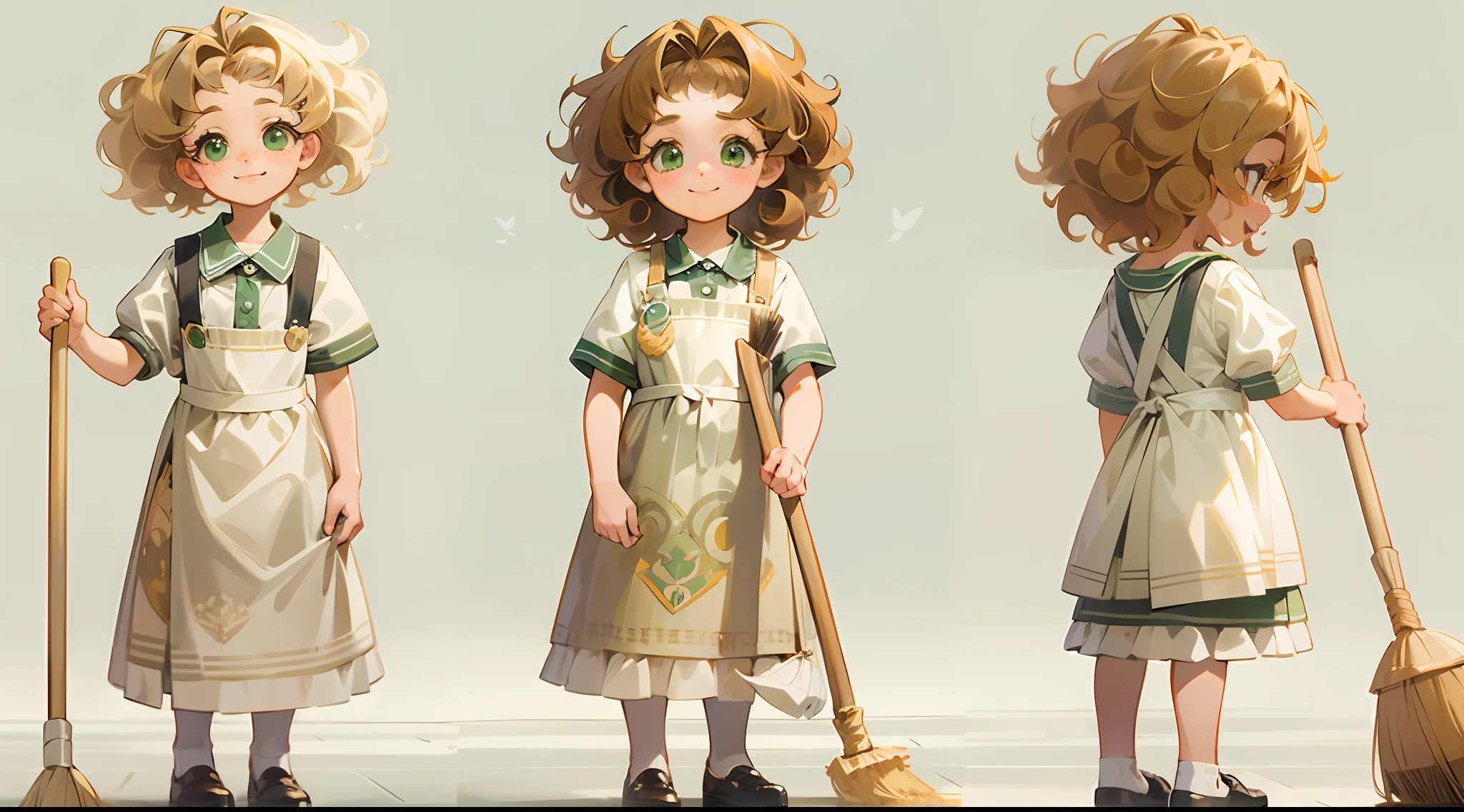 photorealisim、full body Esbian、１２Year old girl、Cute with green eyes１２Year old girl、Severe curly hair、Naturally curly hair、Golden hair、hitornfreckles、Housemaid style、ssmile、Cleaning cheerfully with a broom
