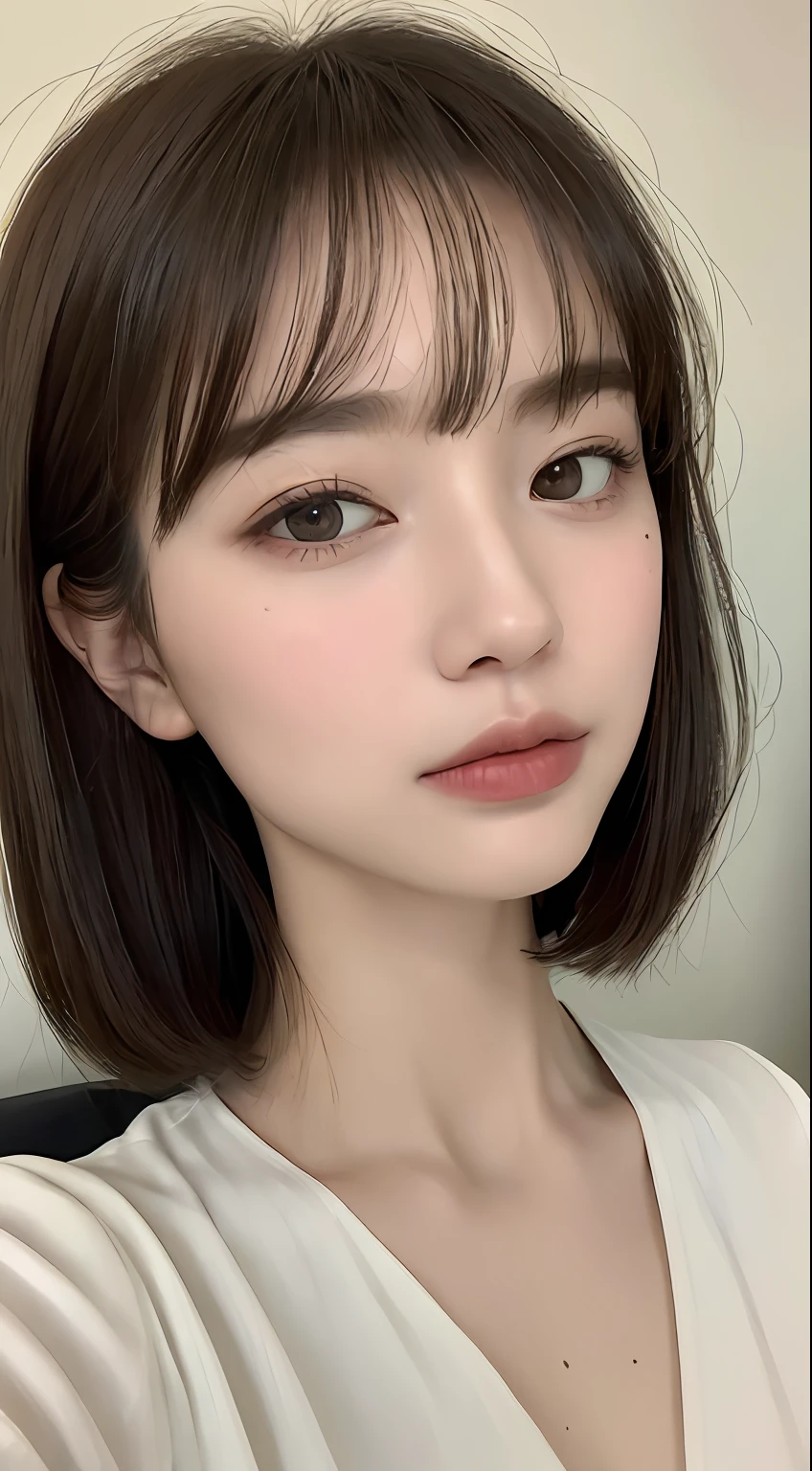 ((top-quality、8K、masterpiece:1.3))、Beautuful Women、1girl in、cute little:1.3、Slender Abs:1.1、White shirt、short-hair、hyperdetailed face、very detailed lips、A detailed eye、二重まぶた、With bangs、dark brown hair、big eye、