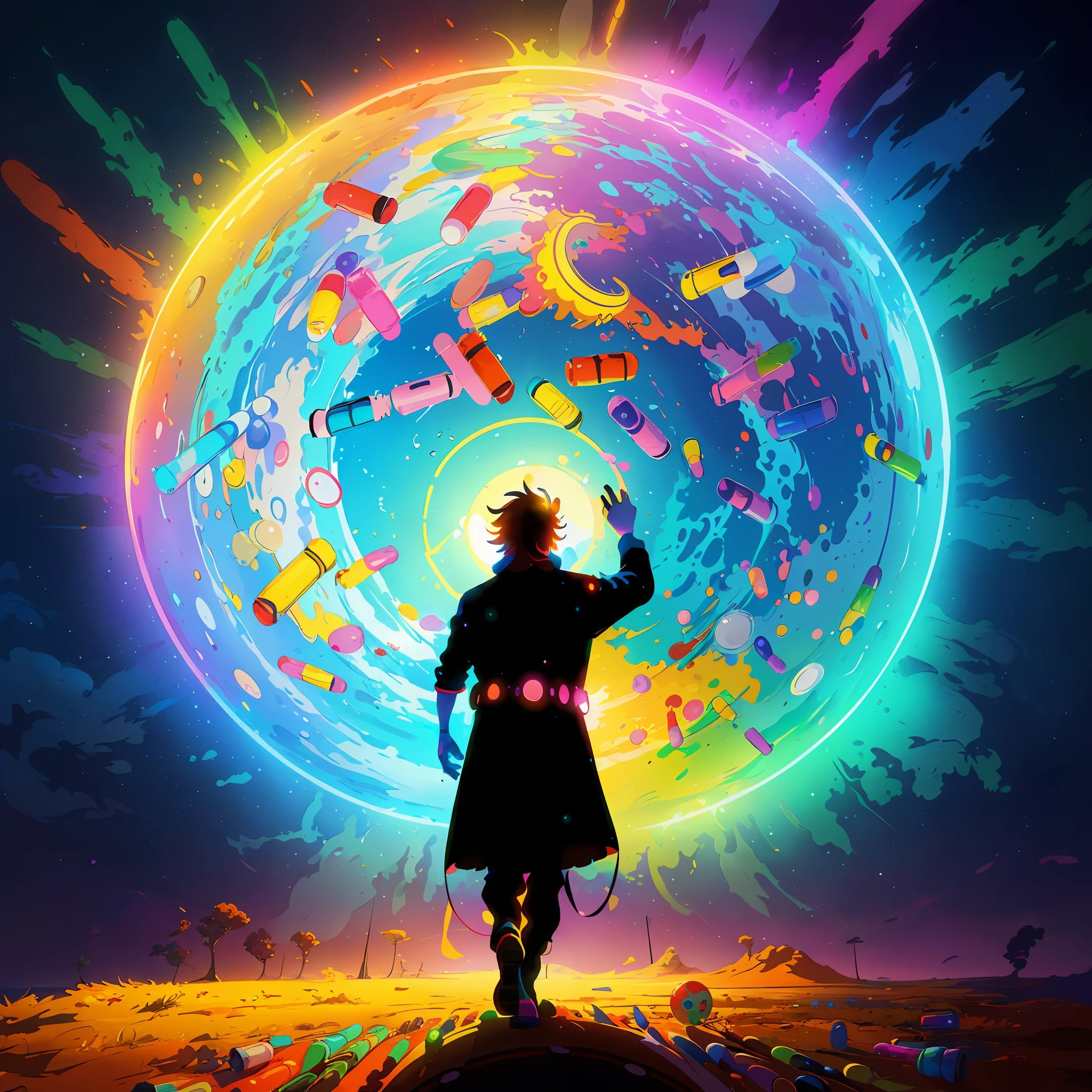 brightly colored illustration of a man standing in front of a giant circular object with (pills:1, colorful concept art, style hybrid mix of beeple, inspired by Cyril Rolando, magic world. colorful, in style of cyril rolando, cyril rolando and goro fujita, artgem and beeple masterpiece, beeple colors, colorful anime movie background