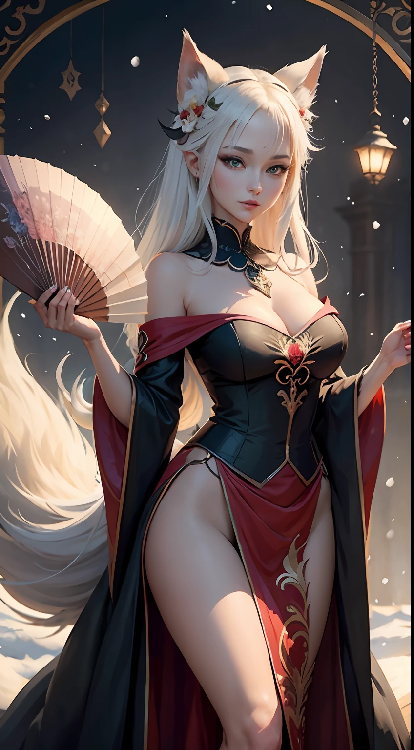 A seductive and enchanting nine-tailed fox spirit girl [1.3] with pointy ears [0.8]. Her nine bushy tails [1.1] sway gracefully as she strikes an alluring pose, with a bewitching gleam in her piercing blue eyes [1.0]. She is dressed in an exquisite, embroidered ball gown [0.9] with a full skirt and off-the-shoulder sleeves. The colorful floral embroidery accentuates her grace. She holds a beautiful paper fan [0.5] as her snow white fur [0.7] flows smoothly over the gown. Delicate facial features [0.8], surrounded by wisps of ethereal flames [0.6]. Elegant, mystical nine-tailed fox miss, digital painting [1.5]