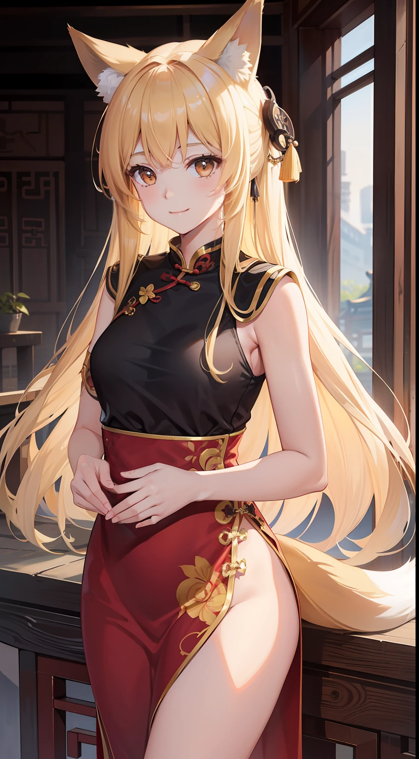 young girl, longue blonde hair, Brown eyes, fox ears and tail, Chinese dress, ssmile, submachine gun, Masterpiece, hiquality