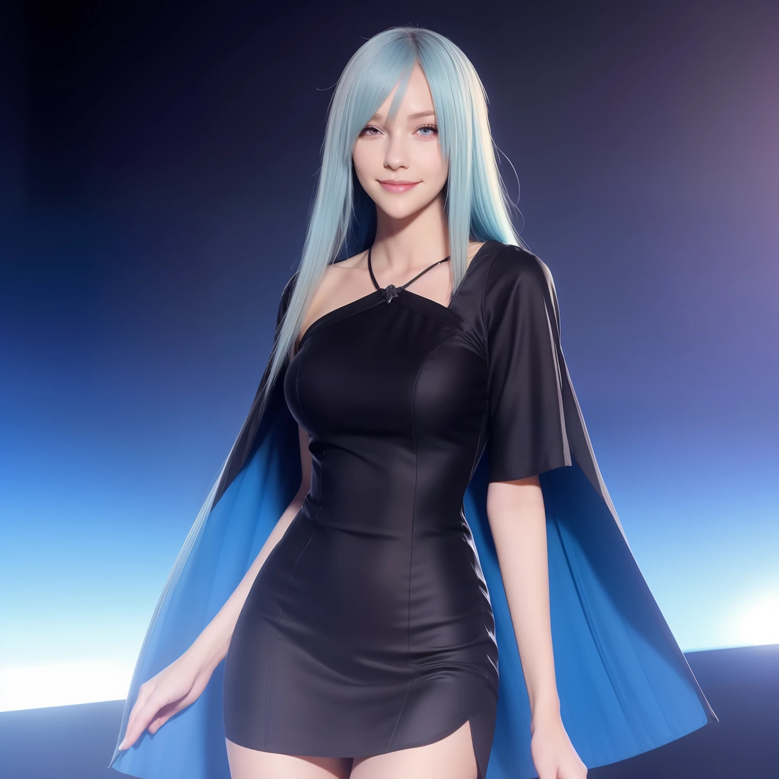 brynhildr lancer stage 4 in fgo, elegant black dress, muse, masterpiece, pretty round face, slender, tall, beautiful, dazzling smile, big eyes,attractive look, long light blue hair, cross-cut bangs swept to the right, looking forward, open field.