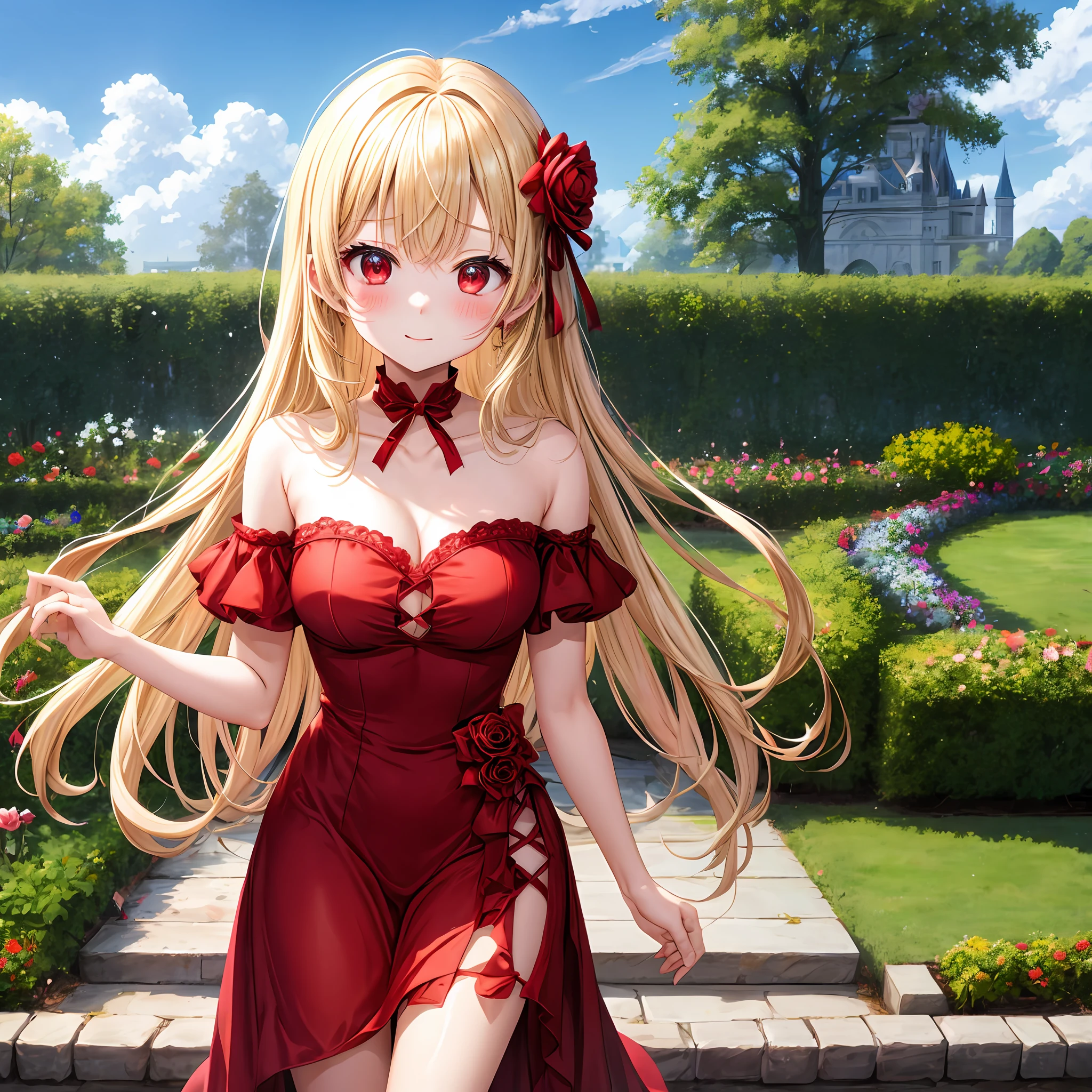 a blond、red eyes、One girl、kawaii、animesque、Bright red dress、off shoulders、red blush、Western castles、Rose Garden