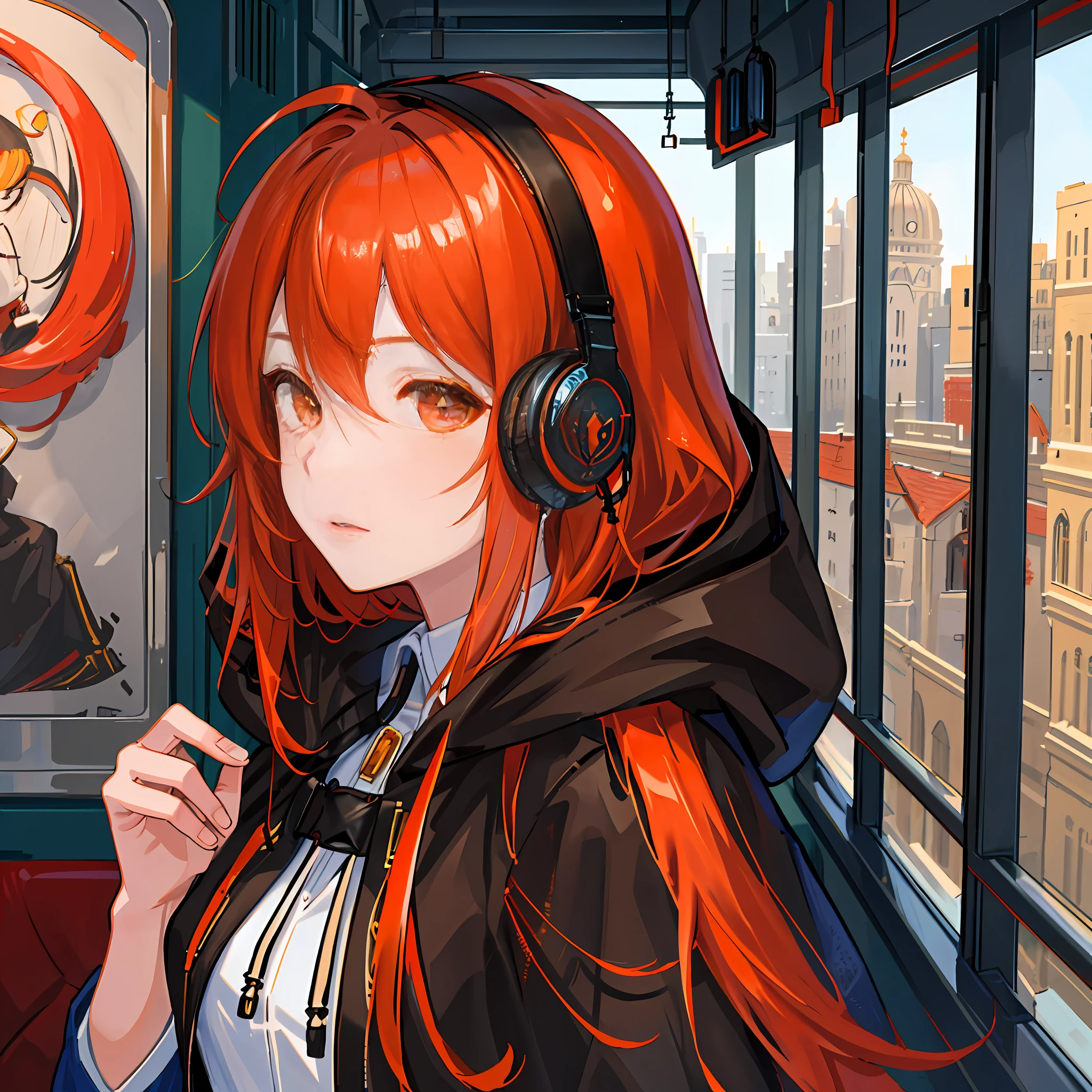 (masterpiece, sidelighting, ultra-detailed, finely detailed beautiful eyes: 1.2), 1girl, bag, building, from side, headphones, hood, hood down, hooded jacket, hoodie, jacket, long hair, orange hair, profile, red hair, solo, train, train interior, upper body, Masterpiece, best quality