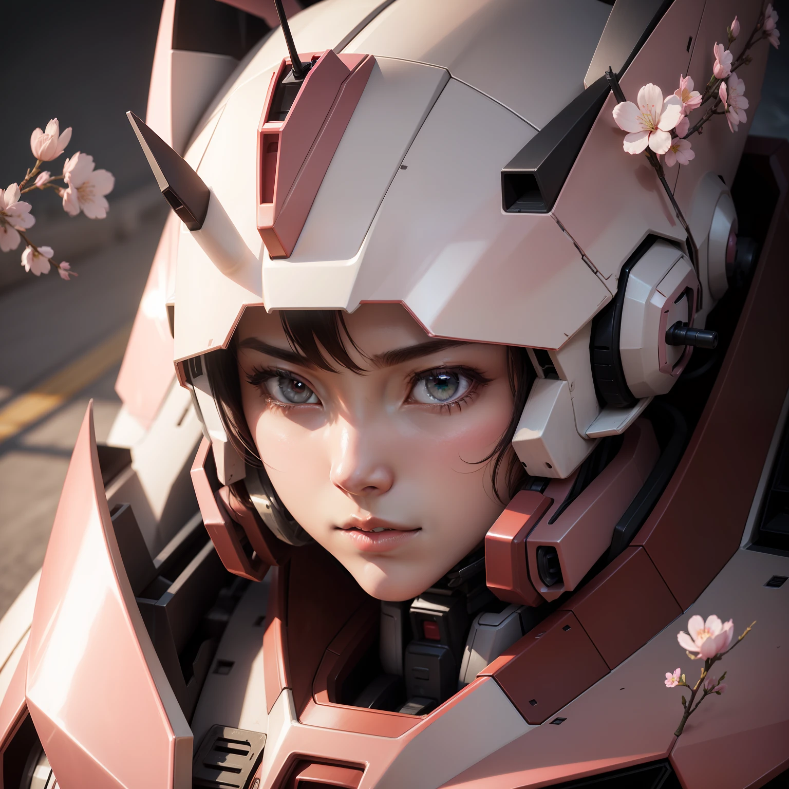 8K，16：9，75 mm telephoto，Heads-up，ultra-realistic realism，Gundam Mech，A half body，Cherry blossom color，Pink white（GameCG：1.2），mechanicalparts，mechs，fully armoured，The upper part of the body，eye closeds，battleground background
