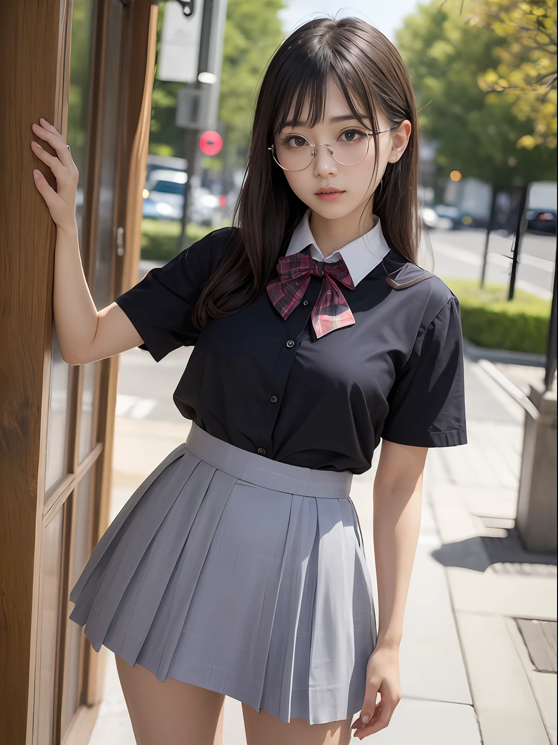(8K、Raw photography、top-quality、masterpiece:1.2),absurderes,a small face,small tits,flat breast,Parting the bangs from the middle、Forehead visible,(Tight eyes,Bullish,skinny,Rasping,irate)、masterpiece,top-quality、超A high resolution,Raw photo,ren,Beautiful fece,One Person, 独奏,eye glass,,Dark look,Small breasts,fullllbody,Round glasses、cute little、A Japanese Lady,is standing,(Tight eyes,Bullish,skinny,Rasping,irate,small tits,flat breast)、(Photorealsitic:1.37)、Photon mapping,Light blue ribbon,Realistic、Cute little face,Brown-eyed、Black socks、(Red bow tie)、Radio City、Physically Based Rendering、Foreground、depth of fields、Blurry background、a picture,The girls、Body, Long legs, Thin leg,Semi-long,(Bangs are visible), hair, s lips, Blue_The eye, nosesoft,White shirt, Navy blue and white plaid pleated skirt, Knees are visible,Sheer clothing,, Thigh, Black cotton socks,Nogizaka Idol, 女優, Japanese ido