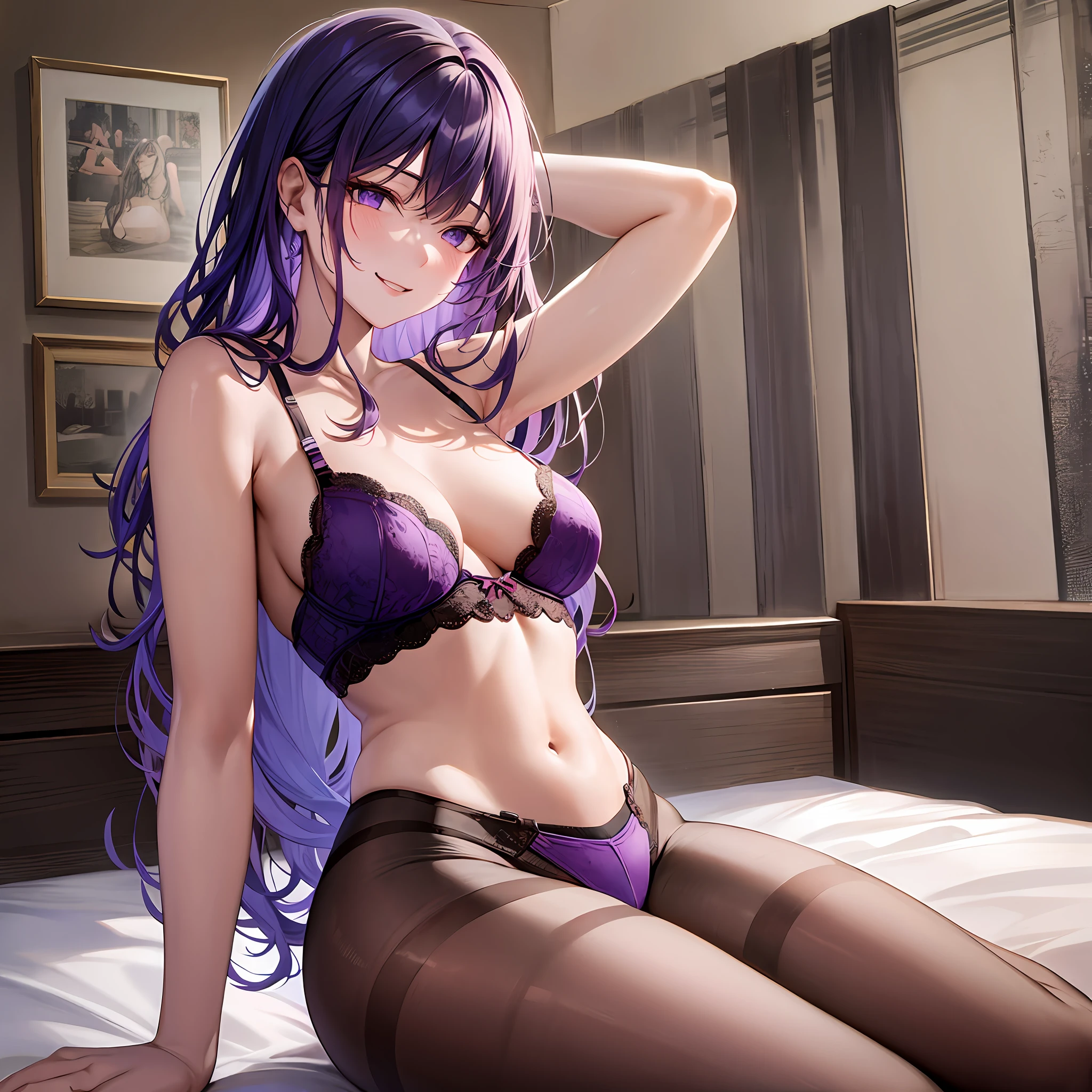 Purple hair,Masterpiece, top quality, high resolution, solo, loose hair, small breasts, indoors, misaligned bra, lingerie (range: 1.2), close focus, pantyhose, lying down, top, very_long_hair, bed, shaggy boyshorts, pantyhose, heavy breathing, sexual expression invite, smiling