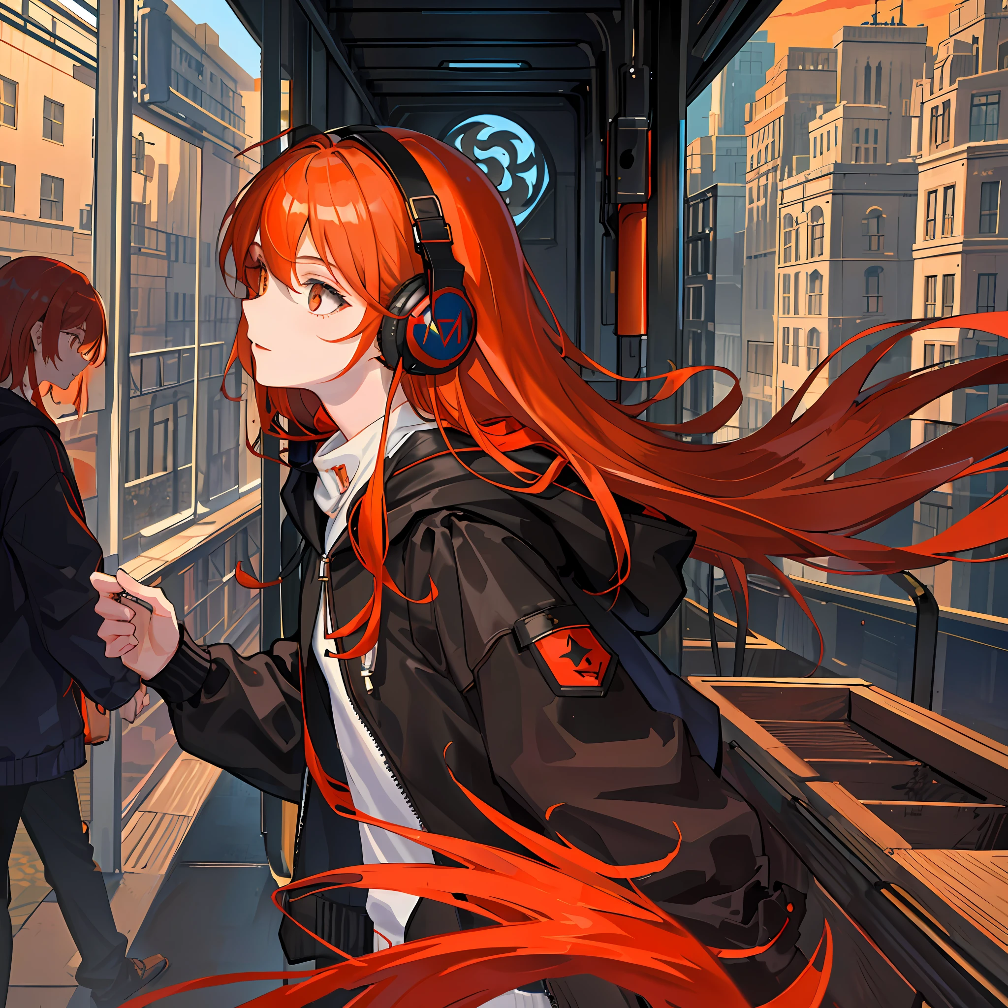 (masterpiece, sidelighting, ultra-detailed, finely detailed beautiful eyes: 1.2), 1girl, bag, building, from side, headphones, hood, hood down, hooded jacket, hoodie, jacket, long hair, orange hair, profile, red hair, solo, train, train interior, upper body, Masterpiece, best quality