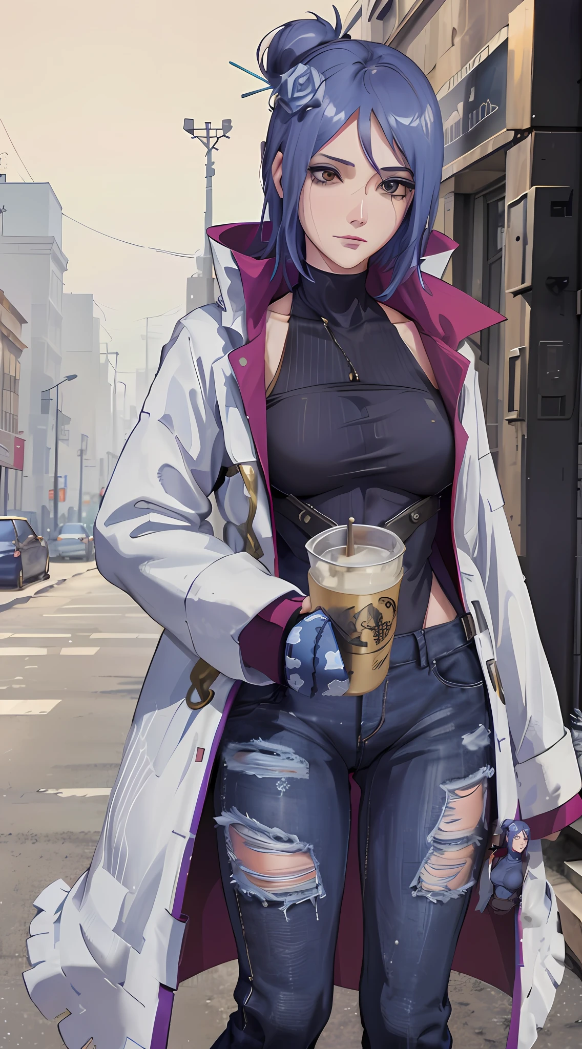 Blue-purple hair，blue sweater，ripped jeans，Black Martin boots，Around the bib，holding milk tea in hand，The Eiffel Tower in winter，looks into camera，perfect bodies，the golden ratio，Whole body diagram，high detal，high qulity，Snowflakes fall in the sky
