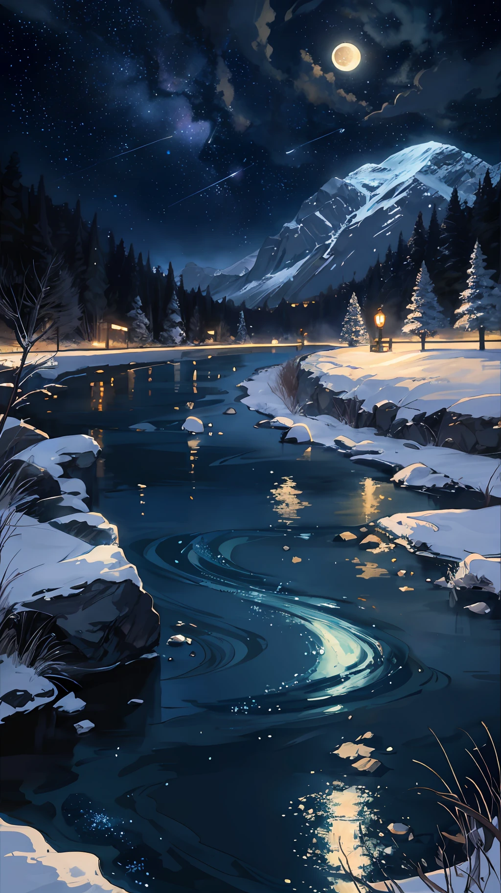 A painting of a river with stars and moon in the sky, concept art inspired by Tosa Mitsuoki, pixiv contest winner, best quality, fantasy art, beautiful anime scene, a bright moon, moonlit starry environment, dream painting, Anime Background Art, Fantasy Landscape Art, Fantasy Night, Anime Background, Background Artwork, Fantastic Art, Atmospheric Anime, Starry Sky, Detail Enhanced.