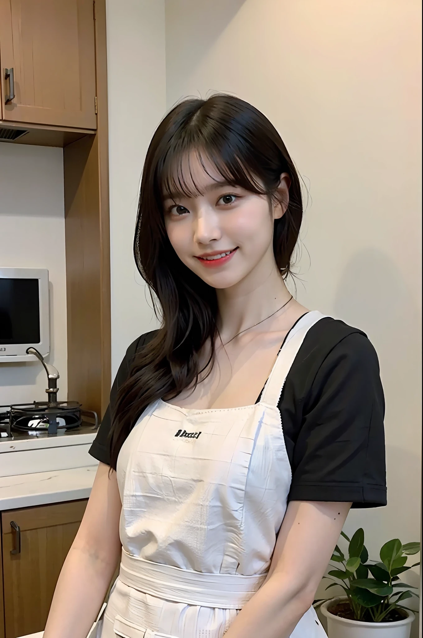 a woman is cooking、(kitchin_Apron:1.Wear 3)、Good Hand、4K、hight resolution、​masterpiece、top-quality、Cap:1.3、((Hasselblad photo))、Fine skin、foco nítido、(lighting like a movie)、Soft lighting、dynamic ungle、[:(详细的脸:1.2):0.2]、Medium chest、sweats streamed skin:1.2、(((In the kitchen))) A smile　Beautiful profile　Colossal tits　Beautiful body　Tying hair　Wide background々and a luxurious living room　Luxurious and luxurious living　Luxurious living room　Beautiful living room　Beautiful living room　A smile　an orange　lemons　a smile　laughing