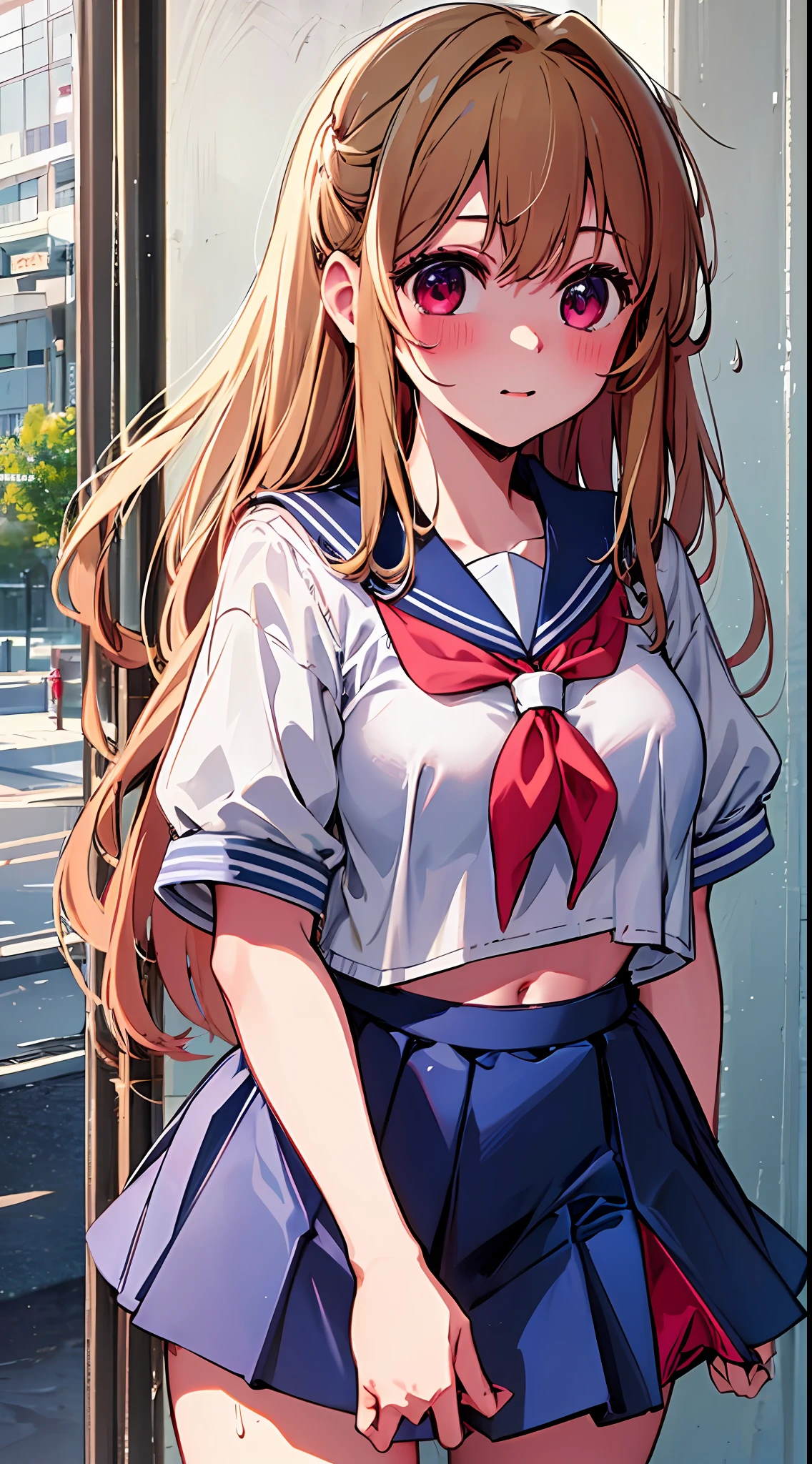 The main girl is beautiful and cute, "neat and bright slope school uniform coordination", full body, full body illustration, best illustration, realistic and elaborate uniform, high school uniform, elementary school student, ((highest quality)), ((masterpiece)), (detail: 1.4), anatomical, award-winning concept art, beautiful, fine details, portrait, look at the viewer, (show full body)), 1 girl, full body, solo, 6 years old, Schoolchildren, child actors, golden hair, blonde, semi-long hair, red and pink eyes, big eyes, the pupil of the left eye is star-shaped, Characteristic left eye pupil, left eye pupil clear, left eye pupil detailed, cute underwear, panties, skirt, silk panties, wet shirt, wet clothes, skirt lift, blush, classroom, navel out, clothes lift, easy background, lifting clothes, white shirt, uniform, blazer, Japan cute uniform, look away, short sleeves, loli, elementary school, main girl is beautiful and cute, loli, baby face, cute, young, young, young, young appearance, fantastic visual depiction, professional effect, beautiful girl, petite girl, sweaty transparent clothes, unevenness, absurdity, unevenness, uniform is the oldest girls' school Japan based on Christianity along with the girls' academy, Very cute in traditional uniform", "Very cute sailor suit for both summer and winter clothes", heel-up loafers, golden hair, the main girl is beautiful and cute