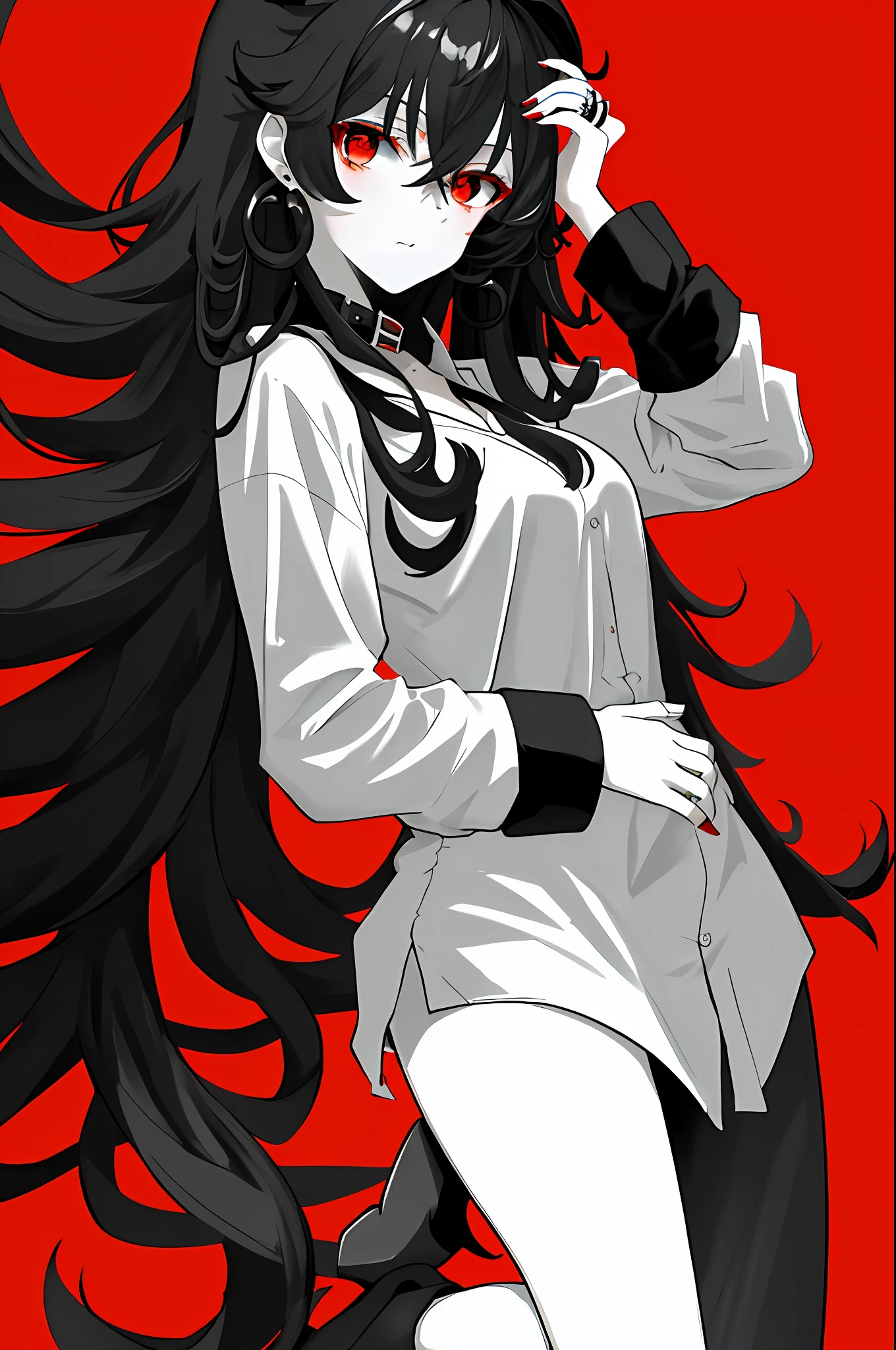 tmasterpiece, Best quality at best, A high resolution, 1girll, The shirt, Naked shirt,Long black curly hair,red color eyes,Be red in the face,groin,鎖骨,Solo,black leg rings ,Black collar,锁链,solid color backdrop