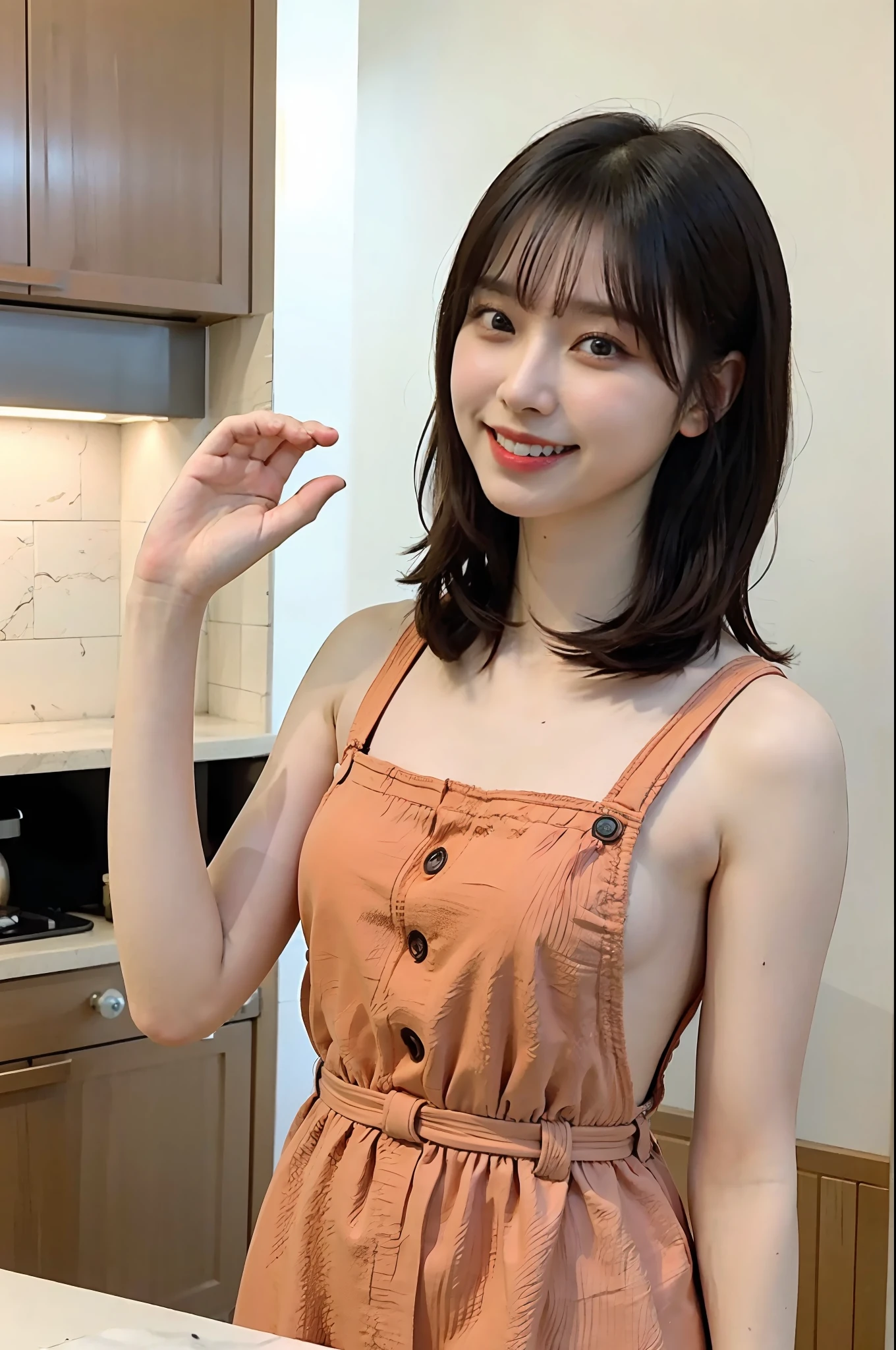 a woman is cooking、(kitchin_Apron:1.Wear 3)、Good Hand、4K、hight resolution、​masterpiece、top-quality、Cap:1.3、((Hasselblad photo))、Fine skin、foco nítido、(lighting like a movie)、Soft lighting、dynamic ungle、[:(详细的脸:1.2):0.2]、Medium chest、sweats streamed skin:1.2、(((In the kitchen))) A smile　Beautiful profile　Colossal tits　Beautiful body　Tying hair　Wide background々and a luxurious living room　Luxurious and luxurious living　Luxurious living room　Beautiful living room　Beautiful living room　A smile　an orange　lemons　a smile　laughing