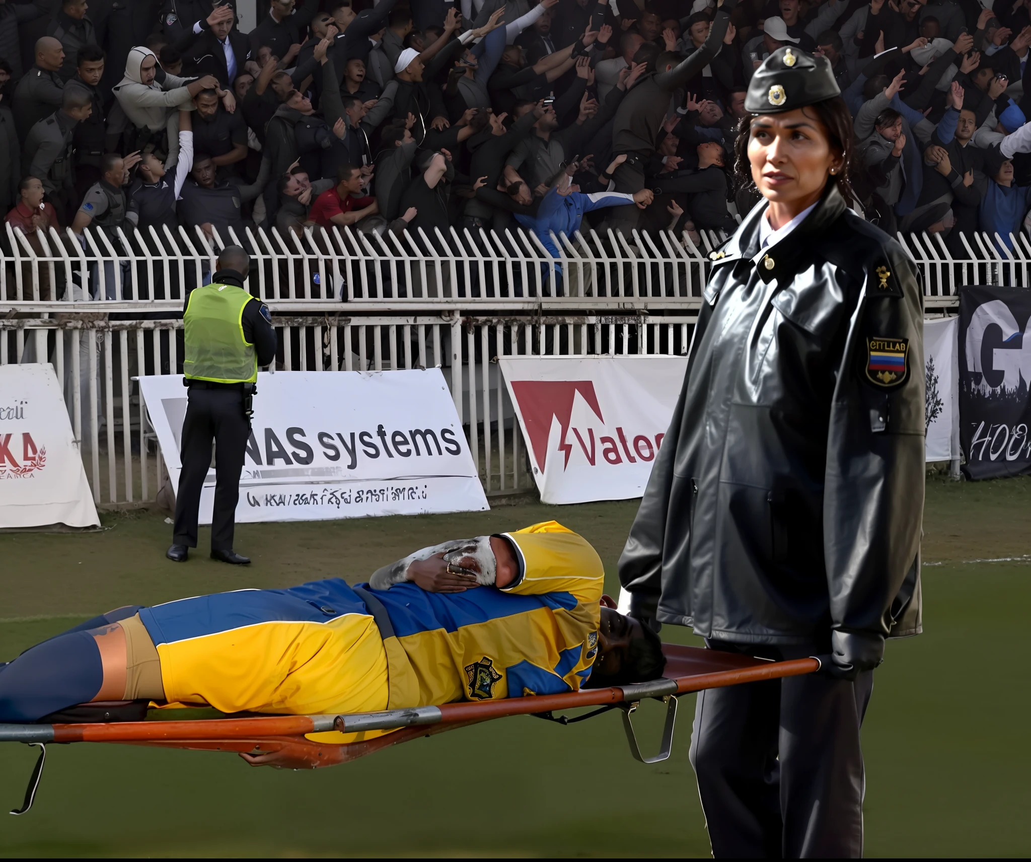 there is a sportsman in matte cotton sportswear lying injured on a stretcher, there is an injured sportsman in matte cotton sportswear who is covering his face on a stretcher, an injured sportsman in matte cotton sportswear is covering his face with his hands, an injured sportsman is writhing in ecstasy on a stretcher, dramatic pity pose, there is a mongolian policewoman in a high-shine leather coat, a high-shine black leather coat, a long black uniform leather coat, a wetlook down coat, a wet black laquered coat, a mongolian policewoman is wearing a wetlook black uniform, injured, female medic, soccer action pose, affection pose, lecherous action pose, dramatic action pose, theatralic pose, there is an attractive policewoman that is carrying a soccer player in matte cotton sportswear, there is a beautiful woman in a shiny coat who is carrying a blond man on a stretcher, a longhaired policewoman in a high-shine black leather coat, a longhaired policewoman in a shiny downcoat, a policewoman is carrying a shorthaired man who is wearing matte cotton sportswear, a weak man in in matte cotton sportswear is consciousless and needs to be carried, a shorthaired man with an arm put over his agonised face is carried away on a stretchwer by a policewoman, a policewoman looks very scared and terrified, a consciousless man with an arm put over his agonised face is suffering very much and has a very painful face, photo, photo shoot, photographed , accident, help, aid, first aid, pity