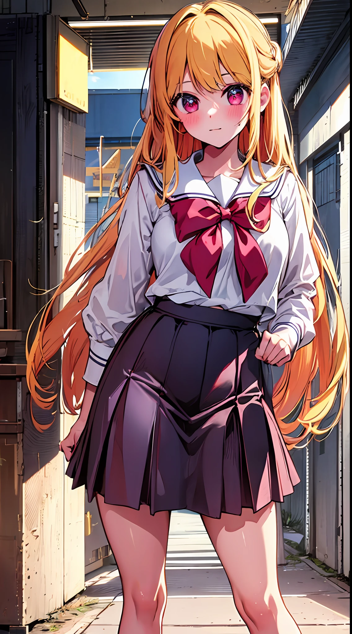 The main girl is beautiful and cute, "neat and bright slope school uniform coordination", full body, full body illustration, best illustration, realistic and elaborate uniform, high school uniform, elementary school student, ((highest quality)), ((masterpiece)), (detail: 1.4), anatomical, award-winning concept art, beautiful, fine details, portrait, look at the viewer, (show full body)), 1 girl, full body, solo, , Schoolchildren, child actors, golden hair, blonde, semi-long hair, red and pink eyes, big eyes, the pupil of the left eye is star-shaped, Characteristic left eye pupil, left eye pupil clear, left eye pupil detailed, cute underwear, panties, skirt, silk panties, wet shirt, wet clothes, skirt lift, blush, classroom, navel out, clothes lift, easy background, lifting clothes, white shirt, uniform, blazer, Japan cute uniform, look away, short sleeves, loli, elemey school, main girl is beautiful and cute, loli, baby facete, young, young, young, young appearance, fantastic visual depiction, professional effect, beautiful girl, petite girl, sweaty transparent clothes, unevenness, absurdity, unevenness, uniform is the oldest girls' school Japan based on Christianity along with the girls' academy, Very cute in traditional uniform", "Very cute sailor suit for both summer and winter clothes", heel-up loafers, golden hair, the main girl is beautiful and cute