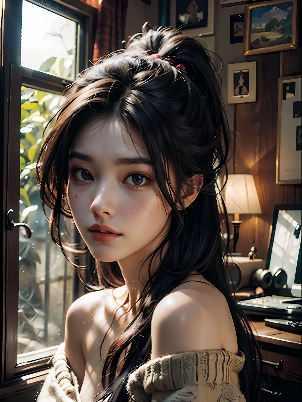 Best quality, masterpiece, ultra high res, (photorealistic:1.4), raw photo, 1girl, off shoulder, long ponyhair, indoor, summer noon,