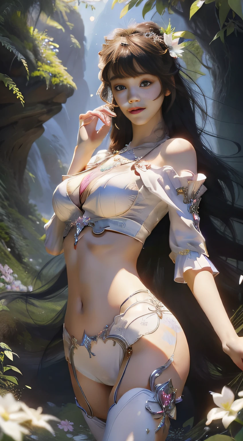 (hyperrealistic), (illustration), (high resolution), (8K), (extremely detailed), (best illustration), (beautiful detailed eyes), (best quality), (super detailed), (masterpiece), (wallpaper), (detailed face), solo, (dynamic pose), 1girl, white off-the-shoulder shirt with sexy super short yoga pants, bare shoulders, blooming flower field, glowing skin, light smile, camel toe, (no panties), (no bra)