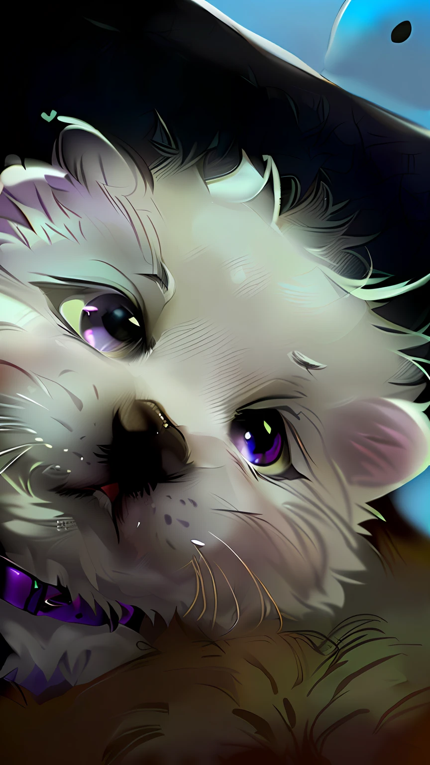 Girl with a furry face with purple collar and purple collar, with cute doting eyes, adorable big eyes, , looking up at camera, looking up at camera, very large eyes!, cute and friendly eyes, cute silly face, adorable big eyes, just a cute little thing, closeup of an adorable, very large eyes,ssmile,Open your mouth slightly