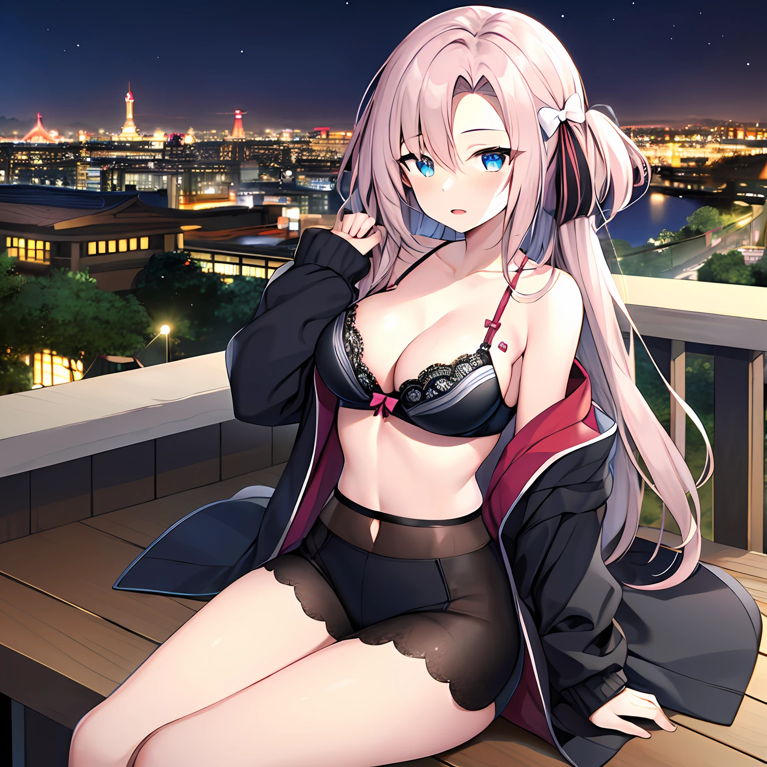 Japan anime young girl in bra in front of city skyline, 1girl in, breasts, Solo, cleavage, Large breasts, Long hair, Blue eyes, Looking at Viewer, off shoulders, Bare shoulders, 鎖骨, Open mouth, Sitting, Night, Dress, Jacket, Indoors, Hair Ribbon, bow ribbon, Long sleeves, blush, Bangs, drapes, Open jacket, thighs thighs thighs thighs, apples