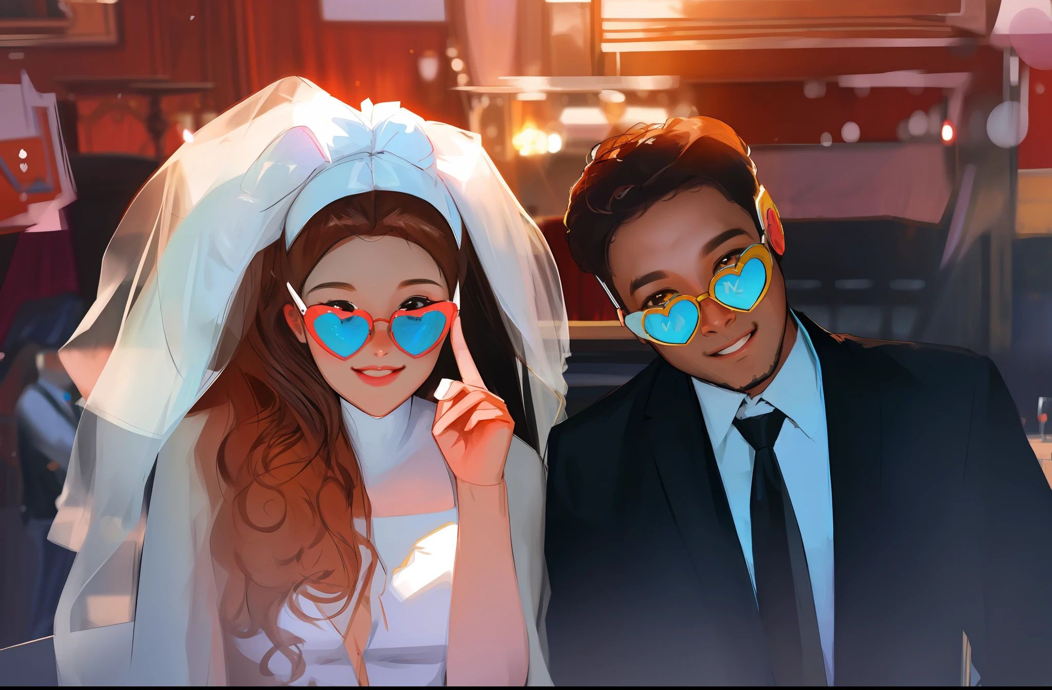 Wedding attire, Heart-shaped sunglasses, wedding photo, Curly hair,The upper part of the body_Body, Anime-style, Highly detailed, High quality, HD