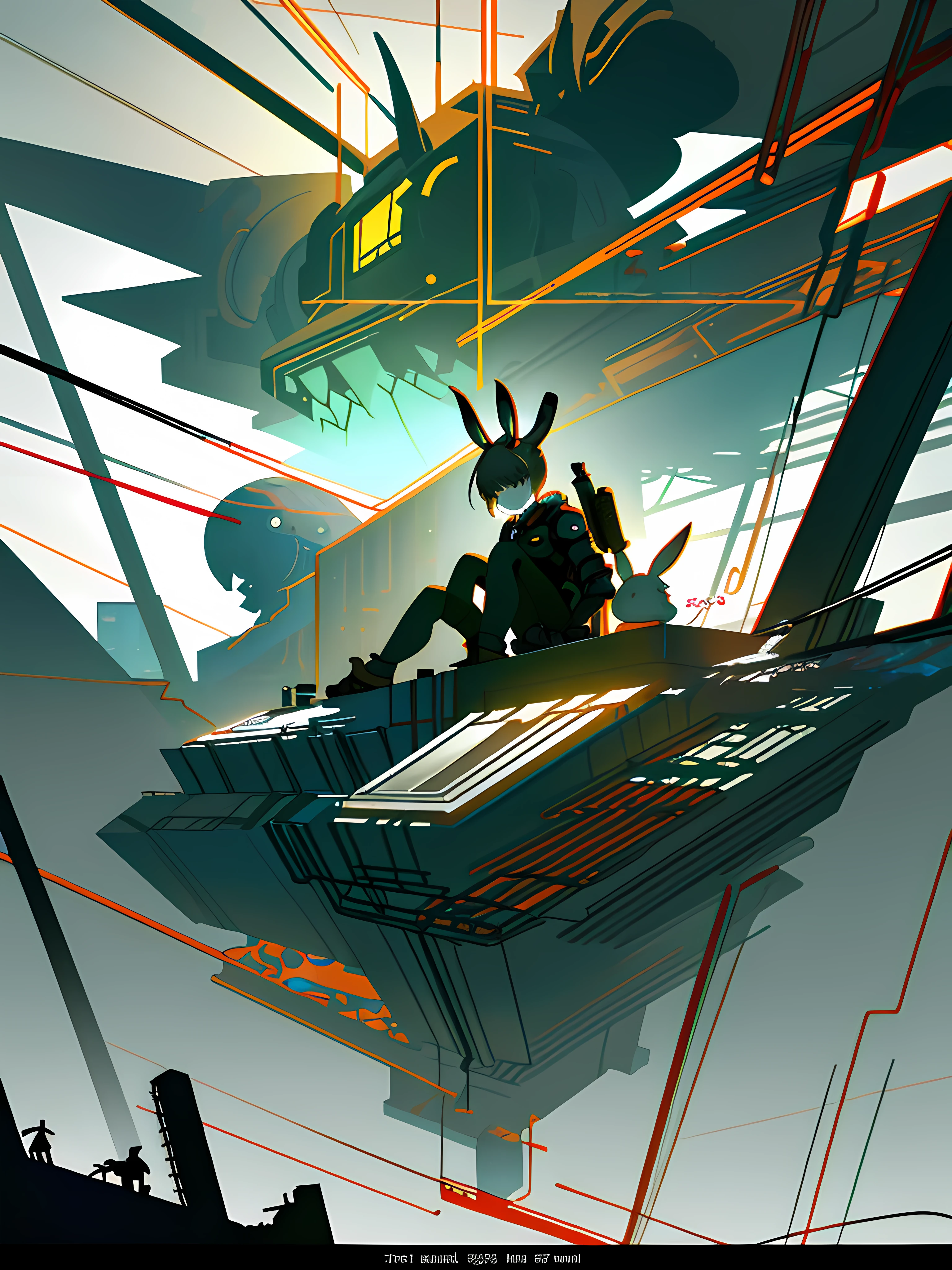 (blame! style abandoned tech landscape), (Zen, Amy Sol style), (underground, dark, foggy, perilous, abandoned dystopian apartment bedroom, deep windows), (anthro rabbit figure in heavy wired mecha armor, wearing bunny ears), cover art with light abstraction, abstract, simple vector art, contemporary Cybernetic art, color gradients, soft color palettes, layered forms, whimsical animation, style Ethereal abstract, 4K, --v6