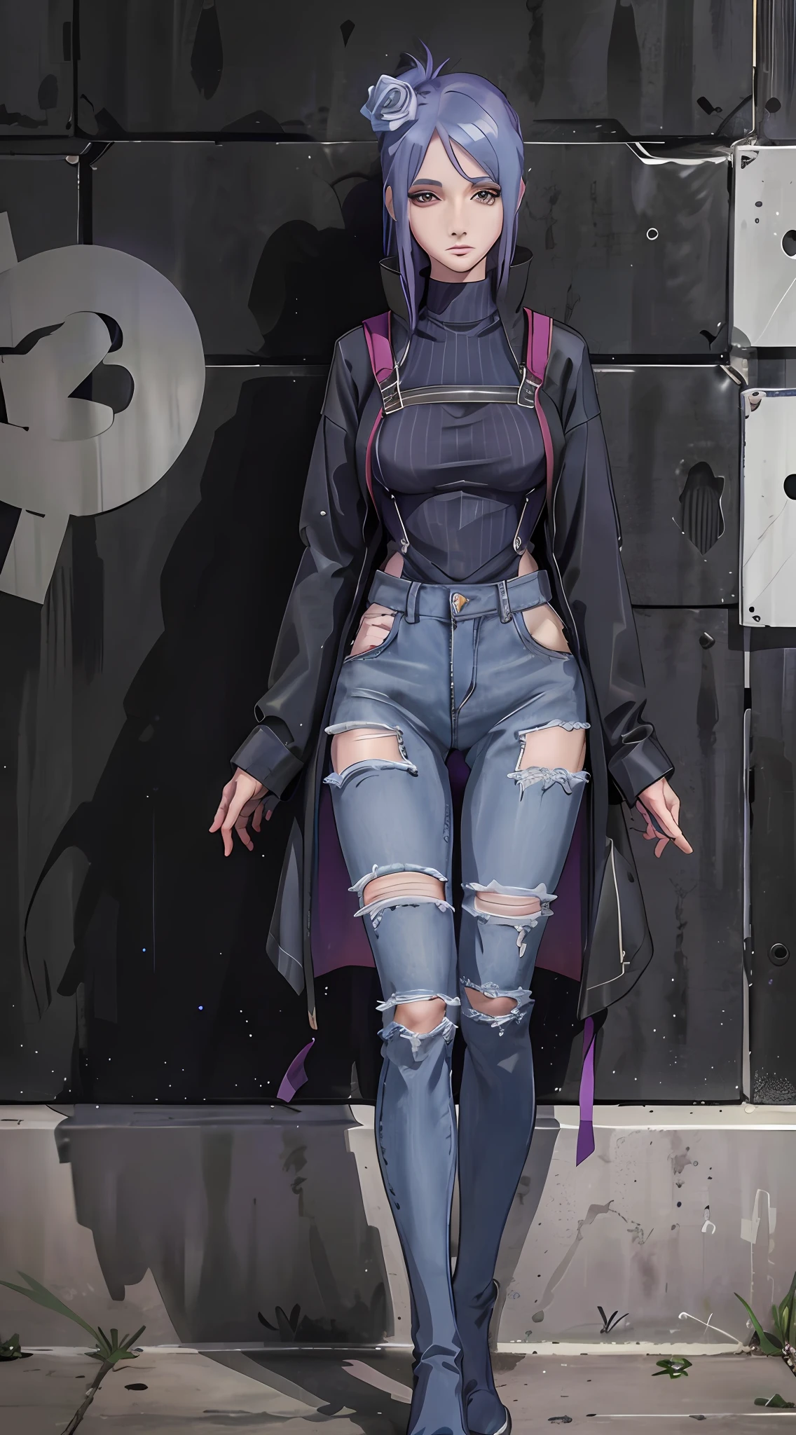 Blue-purple hair,blue sweater,ripped jeans,Black Martin boots,Around the bib,holding milk tea in hand,The Eiffel Tower in winter,looks into camera,perfect bodies,the golden ratio,Whole body diagram,high detal,high qulity,Snowflakes fall in the sky