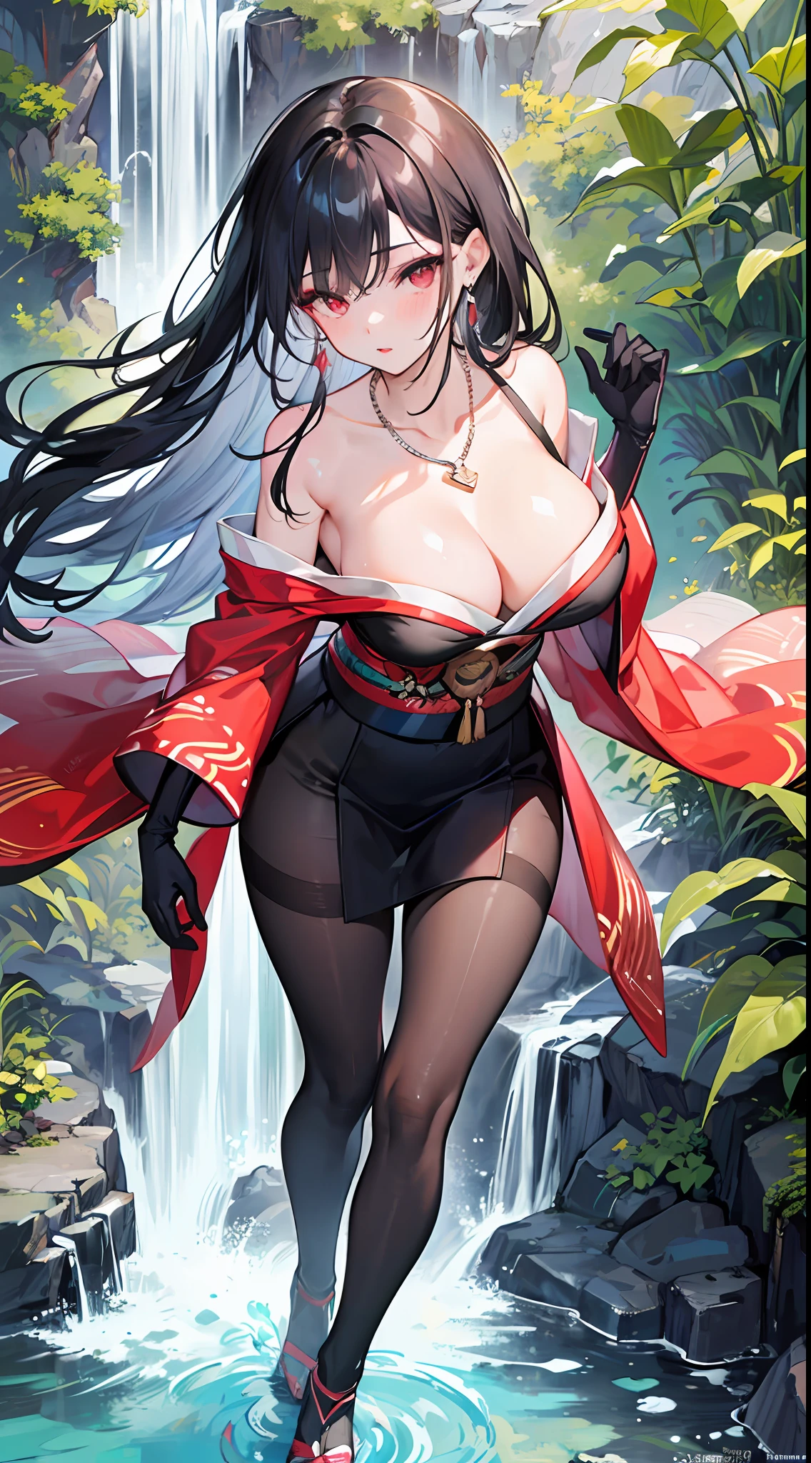 1girl, (solo:1.2), (half body shot:1.2), (Beautiful and detailed eyes description), (Beautiful and detailed face), Perfect female body, neat figure, slender waist, (young girl), (25 years old), long hair, red and black mix hair, very big eyes, glowing red eyes, large breasts, blush, wondering, lipstick, makeup,
demon, (tight clothes, sexy kimono:1.2), (black gloves:1.2), (black pantyhose:1.2), high heels, necklace, earrings, beautiful nature surrounding by waterfall,
(best quality), (ultra detailed), (masterpiece), (highres), (original), (extremely detailed CG unity 8K wallpaper), character design, game cg, detailed manga illustration, single character