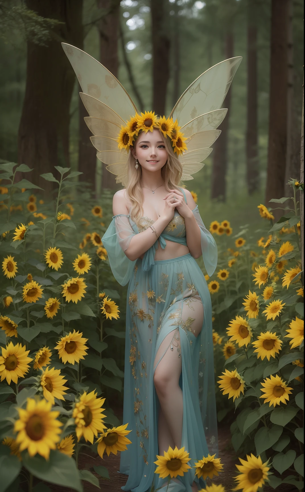 Photo of a gorgeous 20-year-old Finnish fairy wearing (Sunflower Decoration Dress:1.2) And (Delicate fairy wings:1.2), Grinning, (looking in camera:1.1), (Sateen:1.1), on forest path:, Proudly standing next to his portate, by Studio Ghibli, masutepiece, Barefoot, (Natural lighting:0.8), 8K, ((Realistic)), F/1.1, , the woods、covering the navel、hiding breast、(Curvaceous)femele(flawless skin:1.11)And(teats:1.1)、A smile、full body Esbian、Beautiful standing figure、